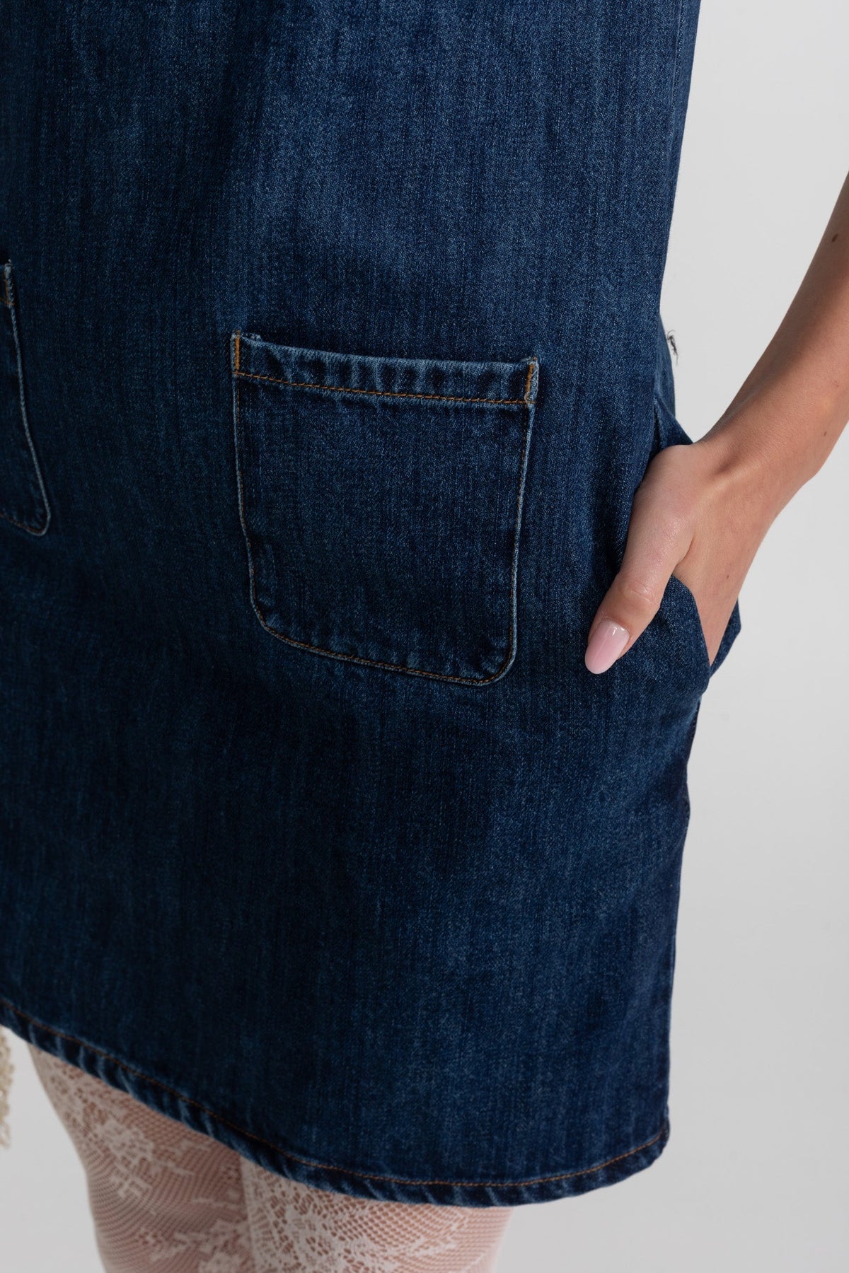 Denim Short Sleeve Glitter Bow Pocket Mini Dress - View 6