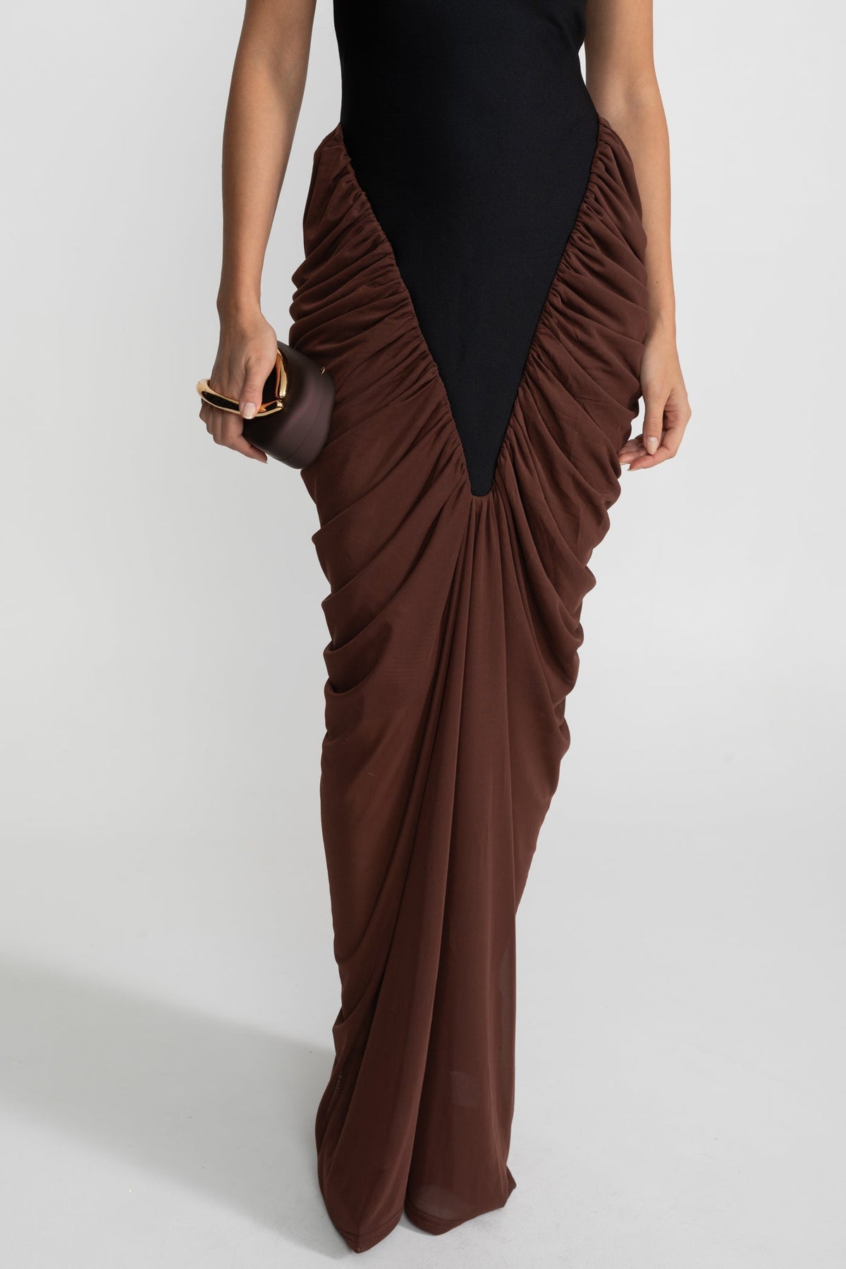 Halter Maxi Dress with Contrasting Ruched Paneling - Black/Brown - View 7