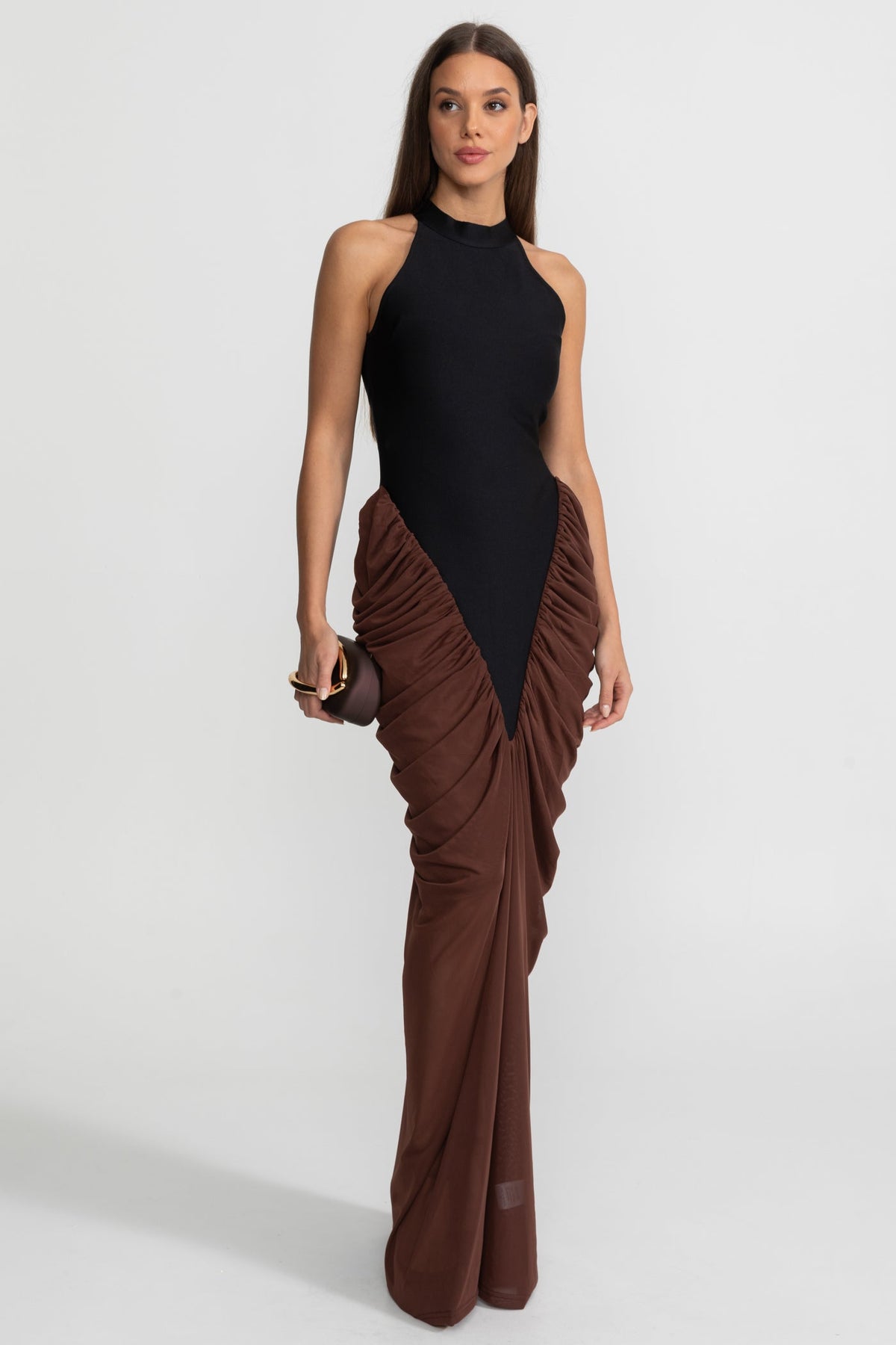 Halter Maxi Dress with Contrasting Ruched Paneling - Black/Brown - View 3