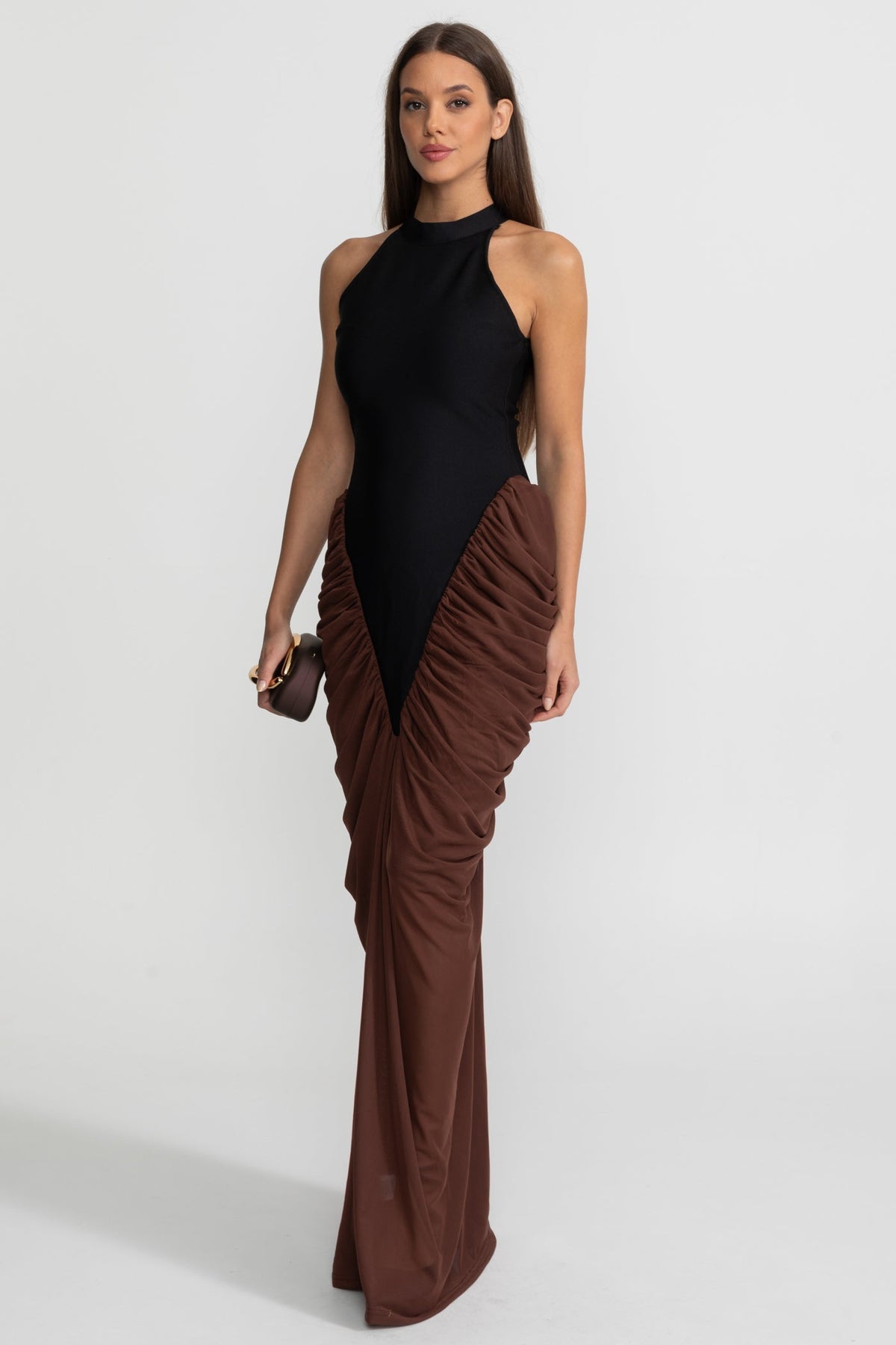 Halter Maxi Dress with Contrasting Ruched Paneling - Black/Brown - View 4