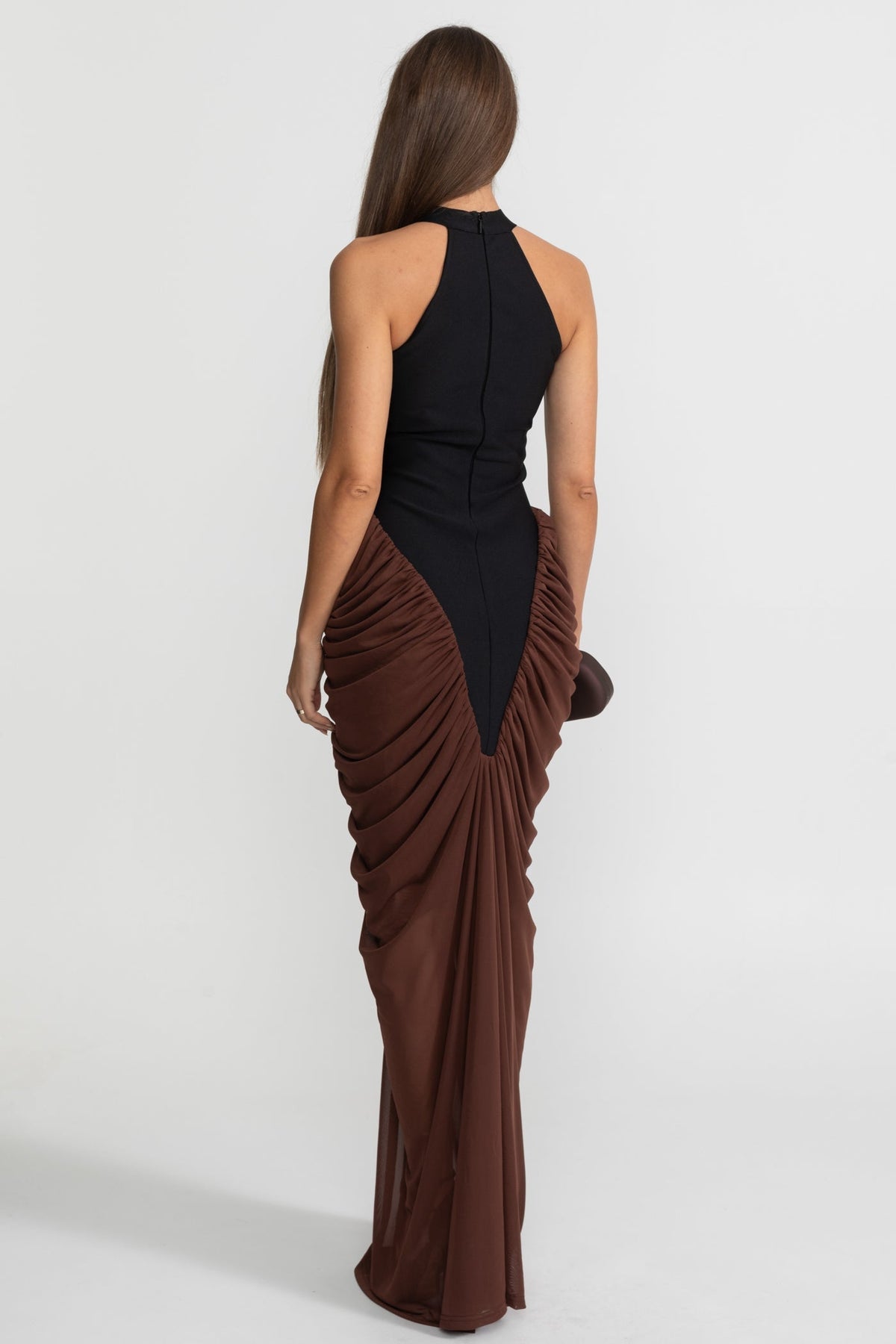 Halter Maxi Dress with Contrasting Ruched Paneling - Black/Brown - View 2