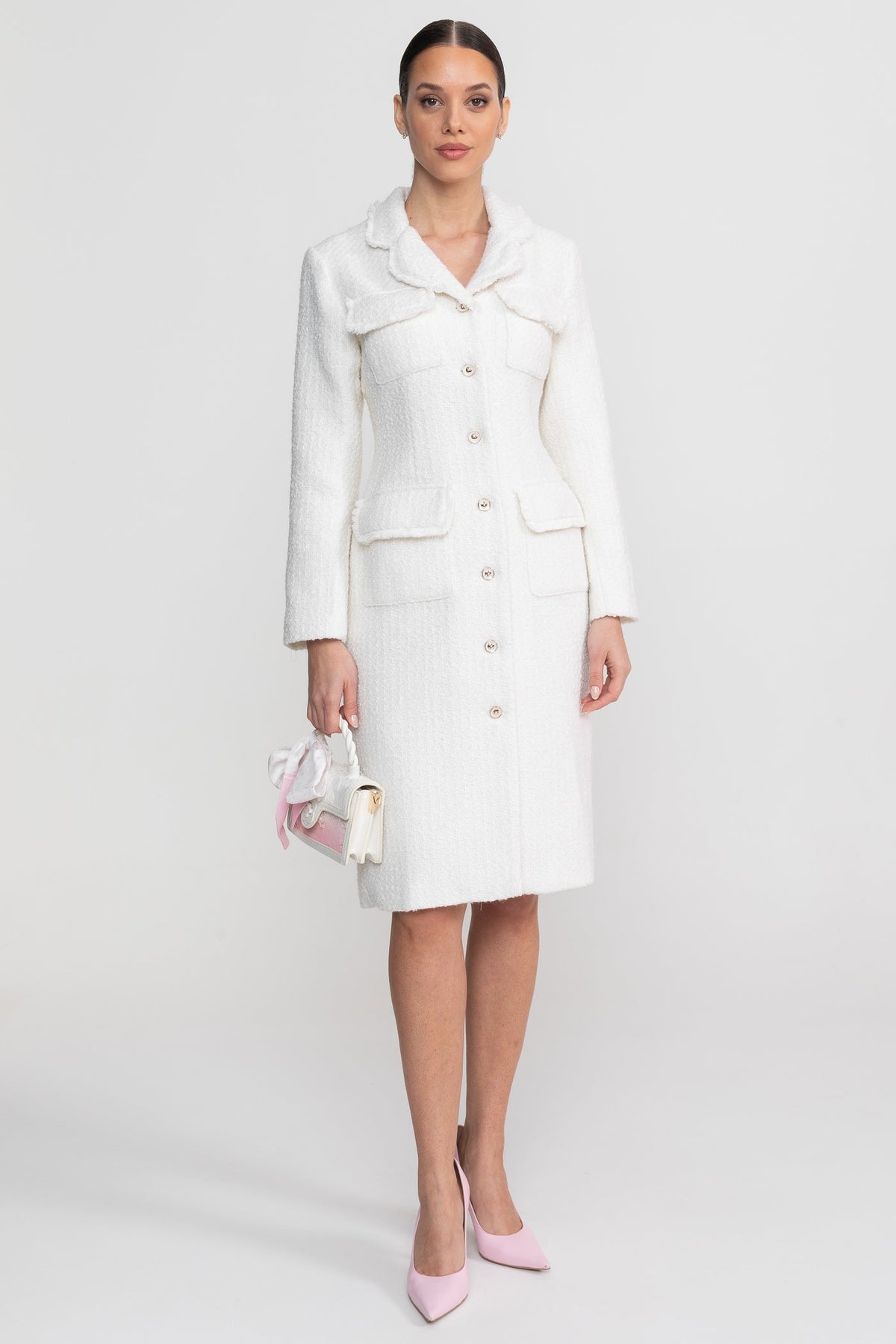 Boucle Long Sleeve Notched Collar Button Front Patch Pocket Midi Dress