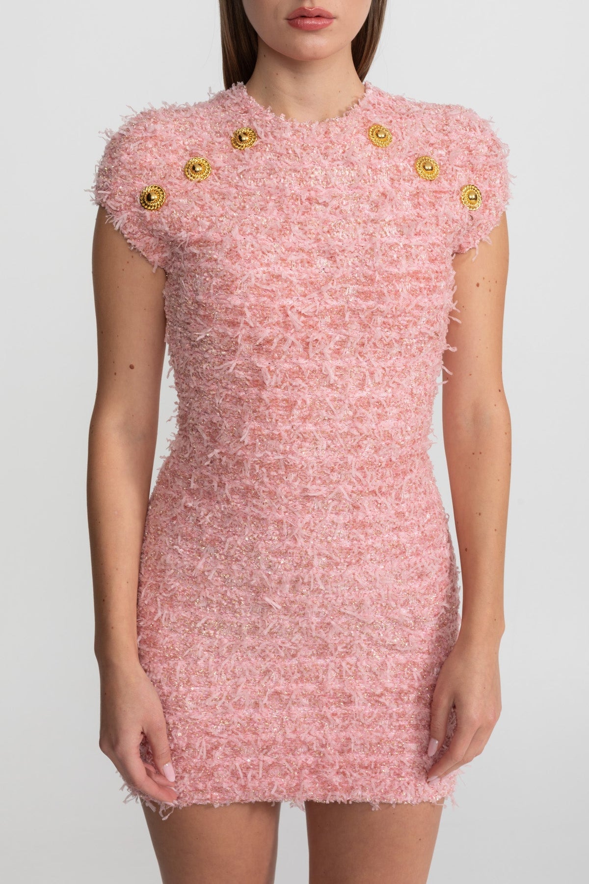 Tweed Crew Neck Cap Sleeve Metallic Button Bodycon Mini Dress - View 4