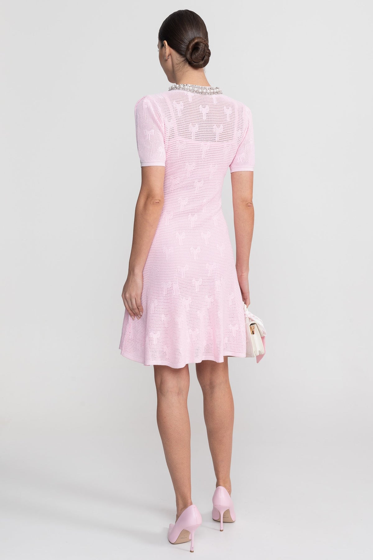Pointelle Knit Pearl Trim Collar Short Sleeve Mini Dress - View 7