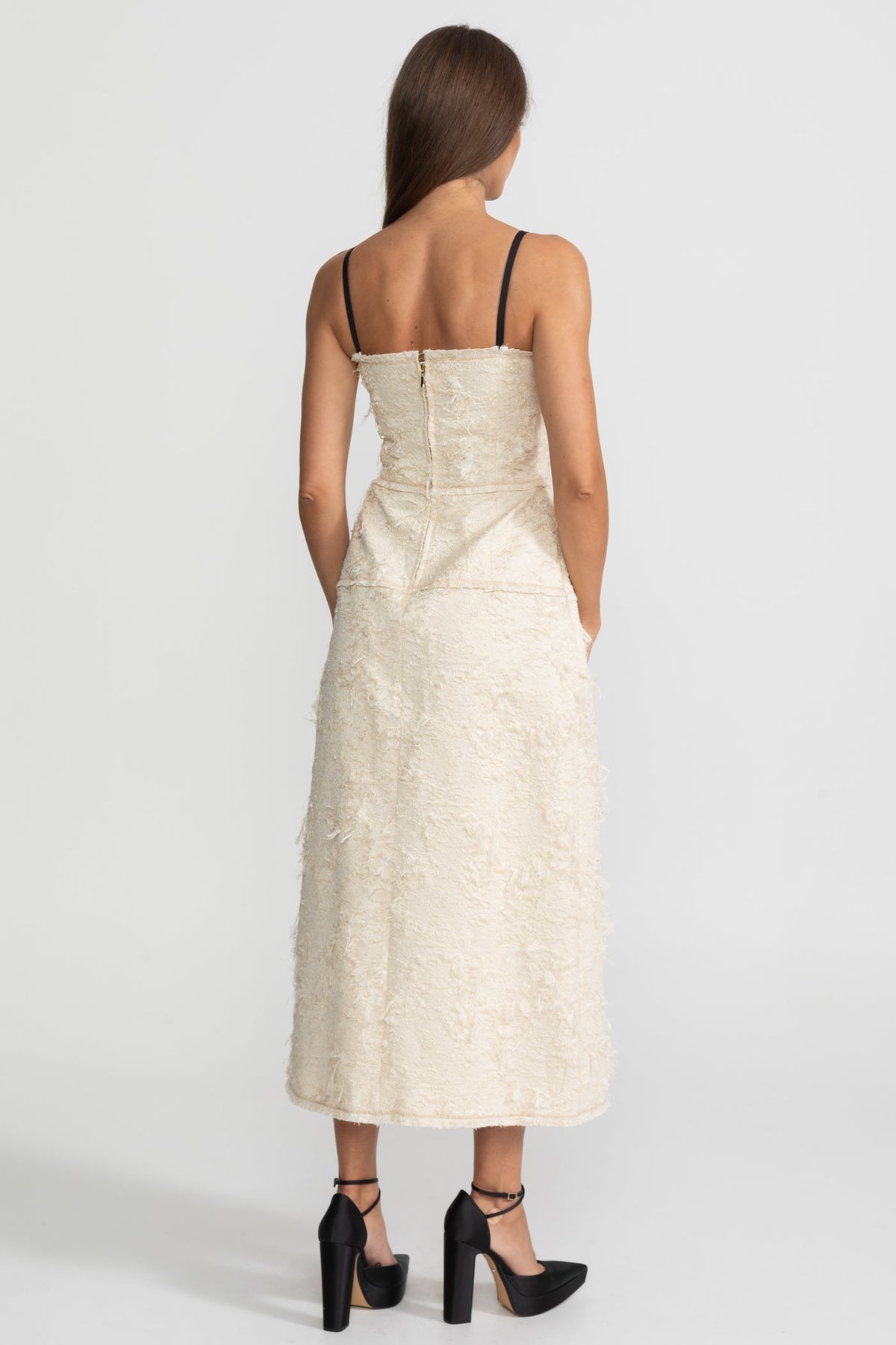Tweed Sweetheart Layered Inner Bodice Beaded Strap Bow Midi Dress - View 8