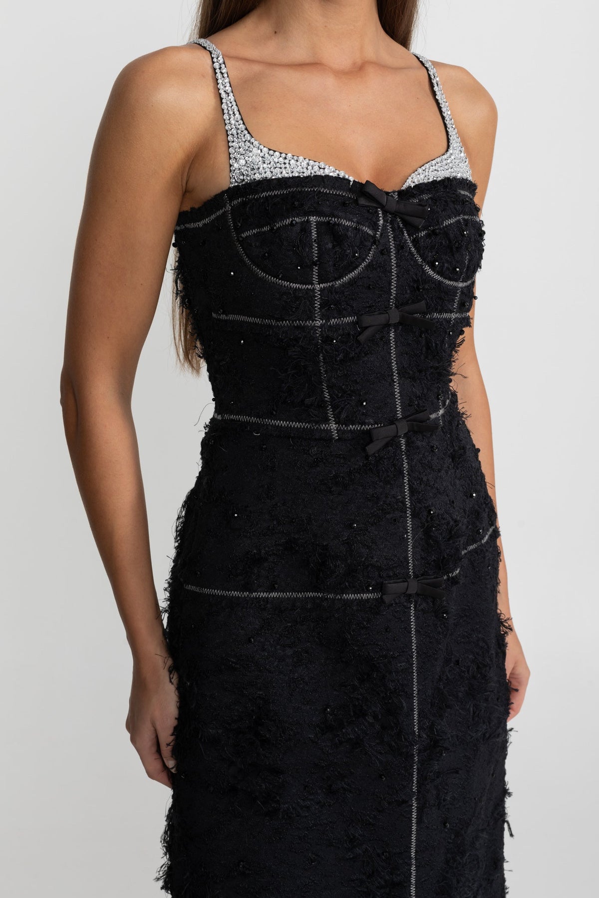 Tweed Sweetheart Corset Bodice Contrast Stitch Beaded Midi Dress - View 7