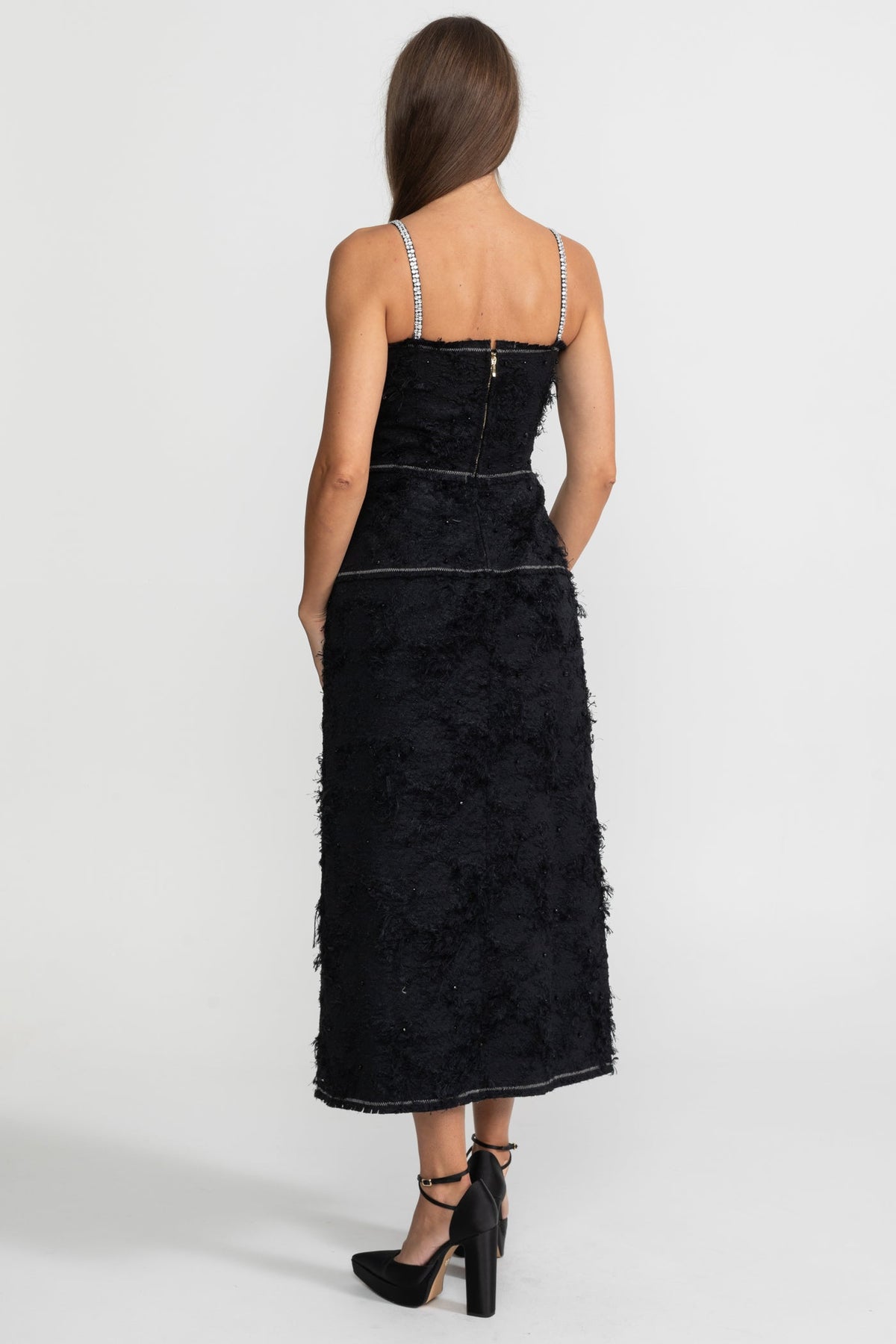 Tweed Sweetheart Corset Bodice Contrast Stitch Beaded Midi Dress - View 8
