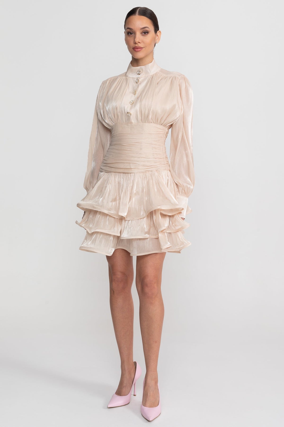 Draped Long Sleeve Mini Dress With Tiered Ruffle Skirt - Champagne - View 10