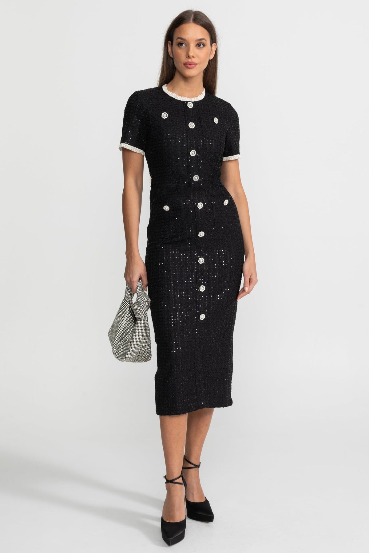 Sequin Midi Dress With Crystal Buttons and Lace Trim – Black - View 2