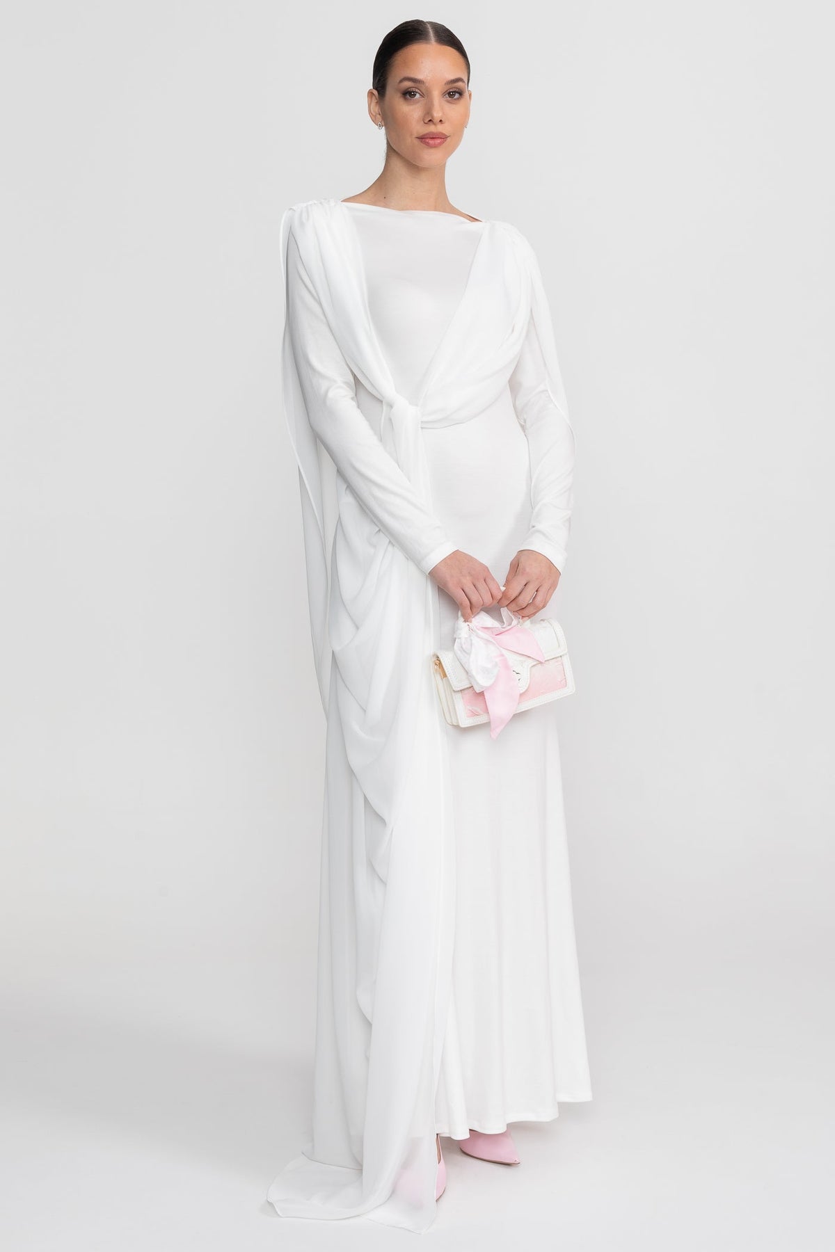 Draped Long Sleeve Maxi Dress - White - View 5