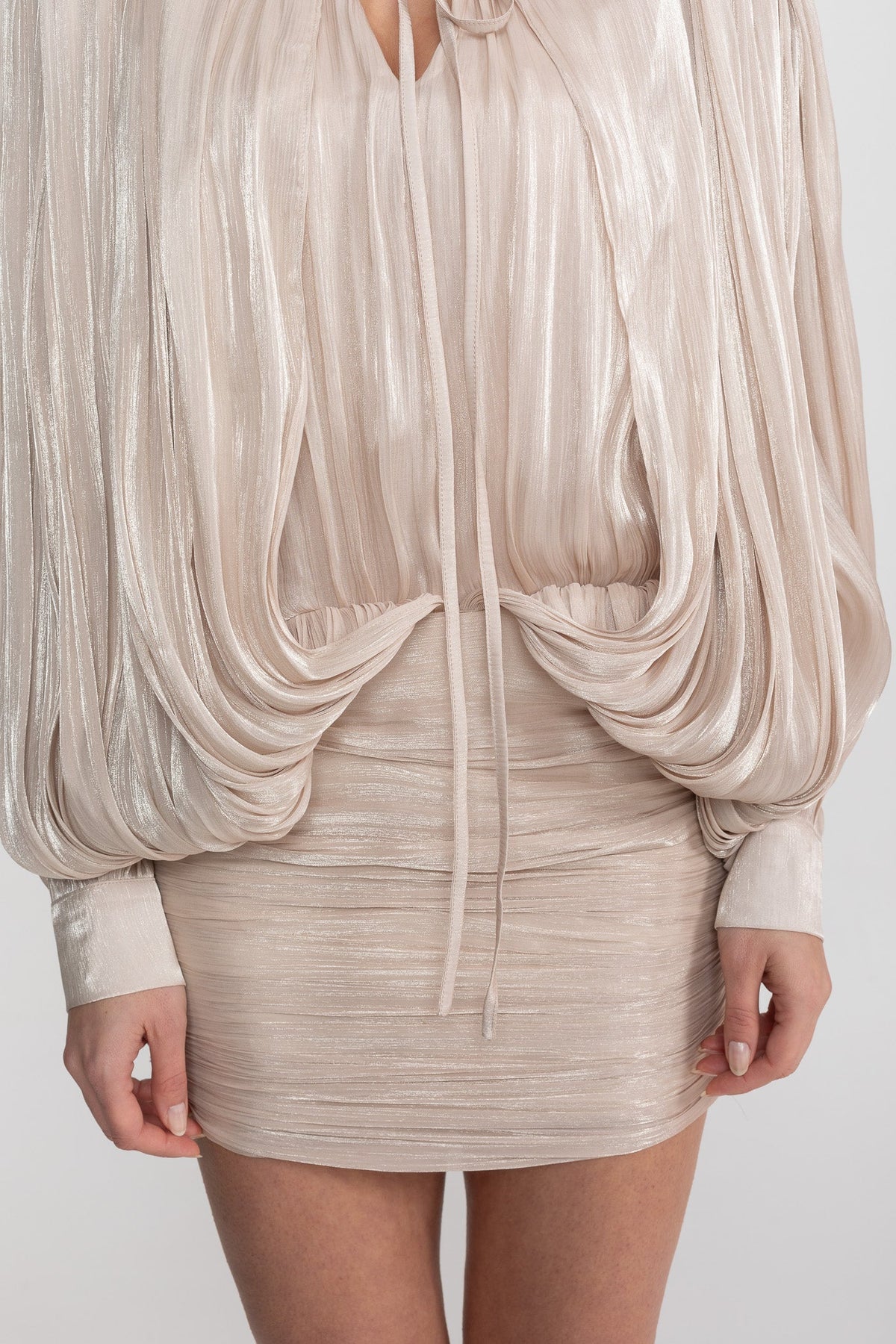 Draped Long Sleeve Mini Dress With Batwing Sleeves - Champagne - View 6