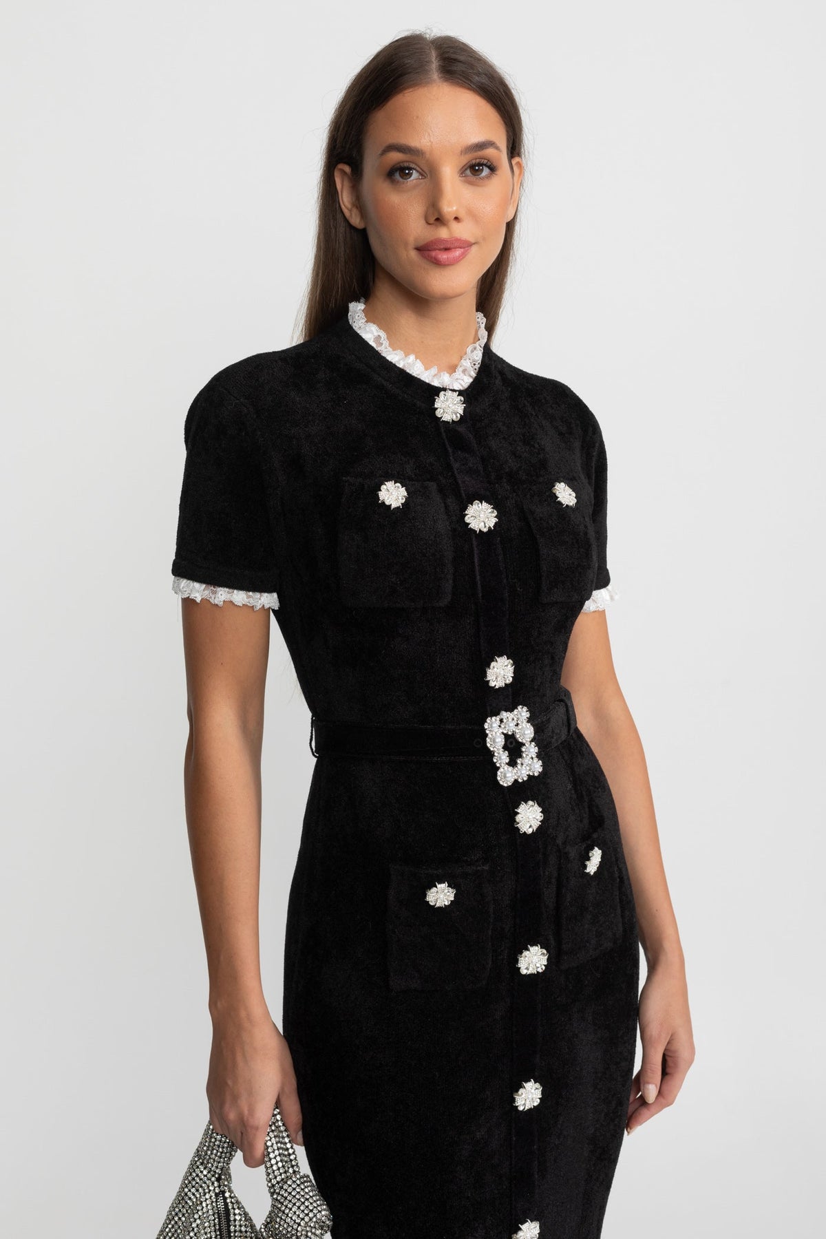 Elegant Midi Dress With Crystal Buttons and Lace Trim – Black - View 3