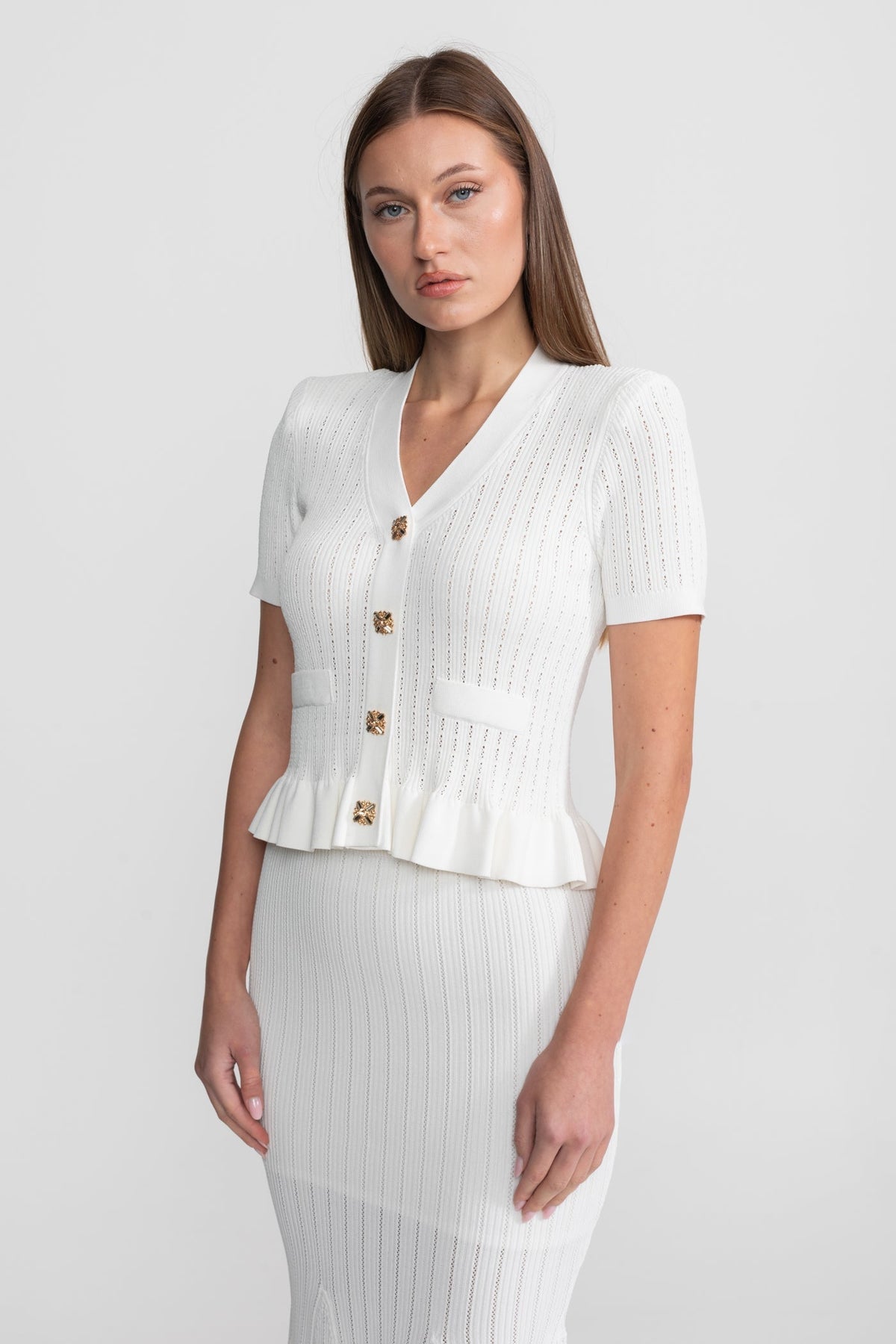 Knit Midi Co-Ord with Peplum Waist and Gold Buttons – White - View 5