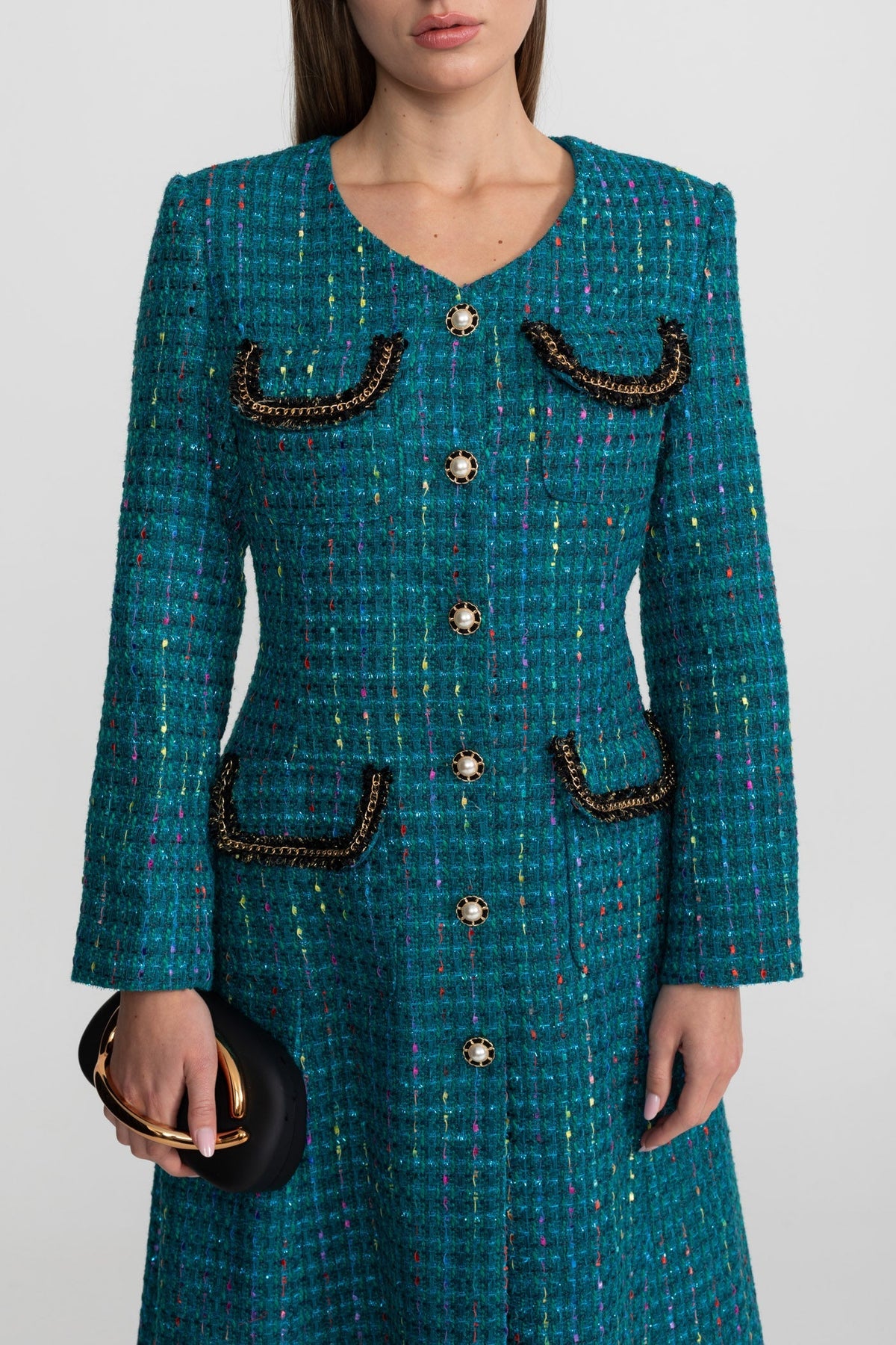 Embellished Tweed Collarless Long Sleeve Chain A-Line Midi Dress - View 4