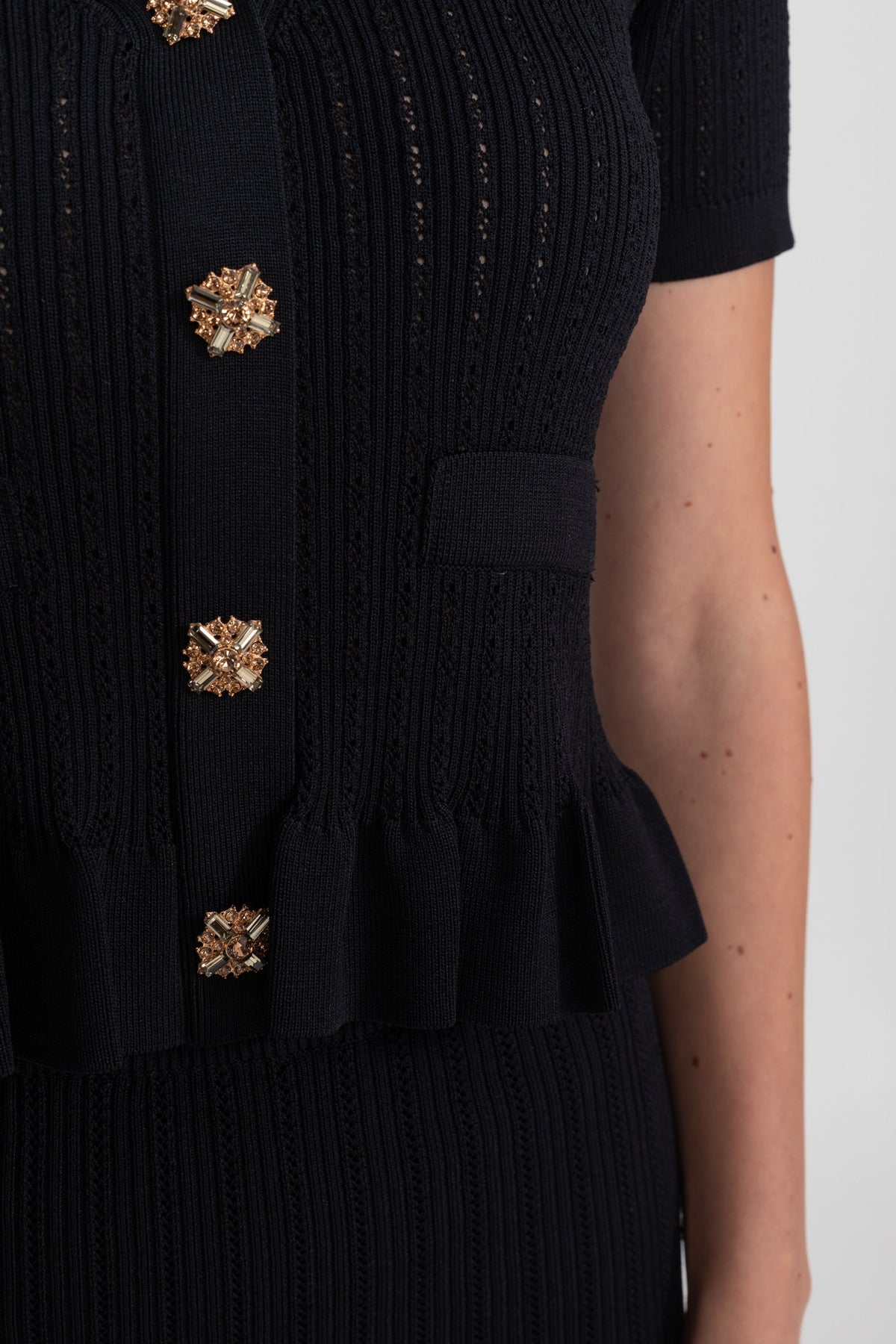 Knit Midi Co-Ord with Peplum Waist and Gold Buttons – Black - View 4