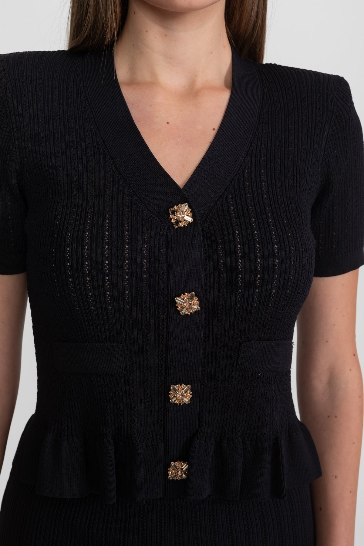 Knit Midi Co-Ord with Peplum Waist and Gold Buttons – Black - View 5