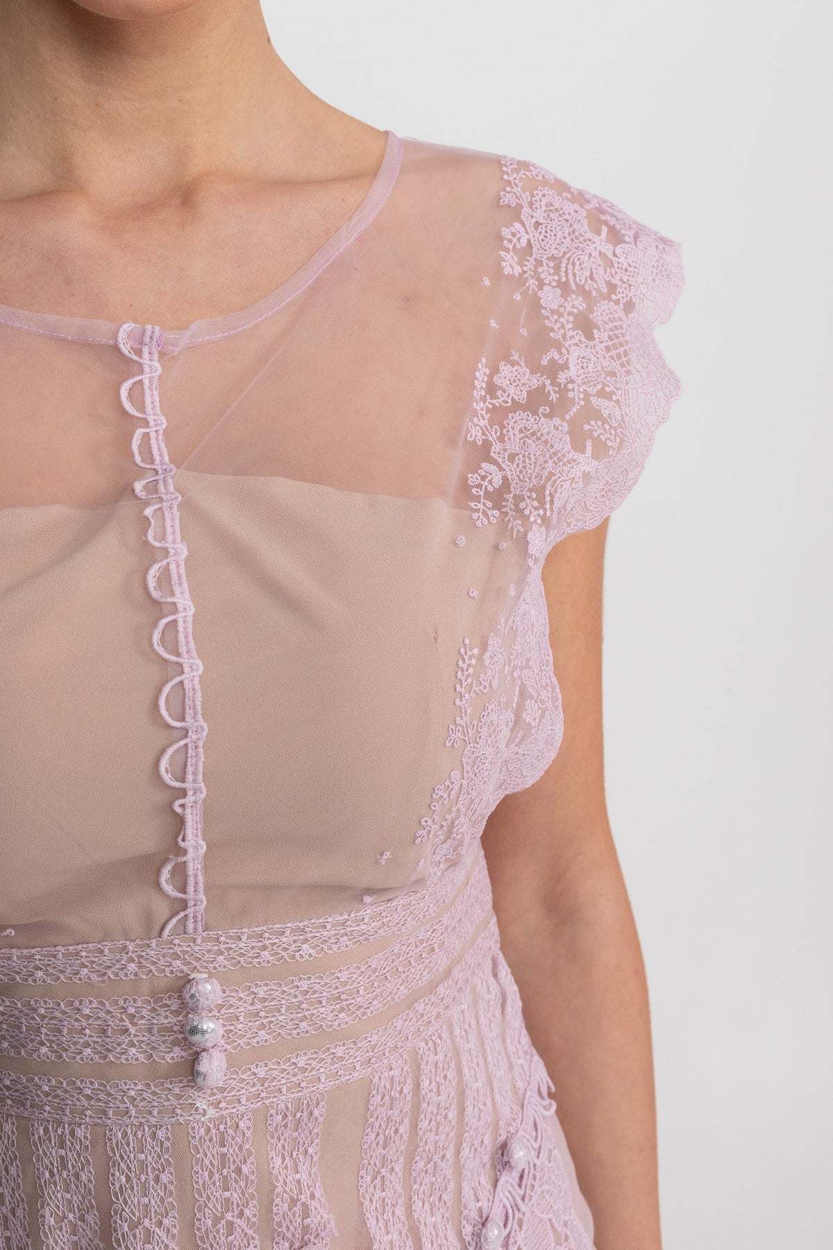 Lace Pearl Trim Sheer Mesh Yoke Cap Sleeve A-Line Mini Dress - View 7
