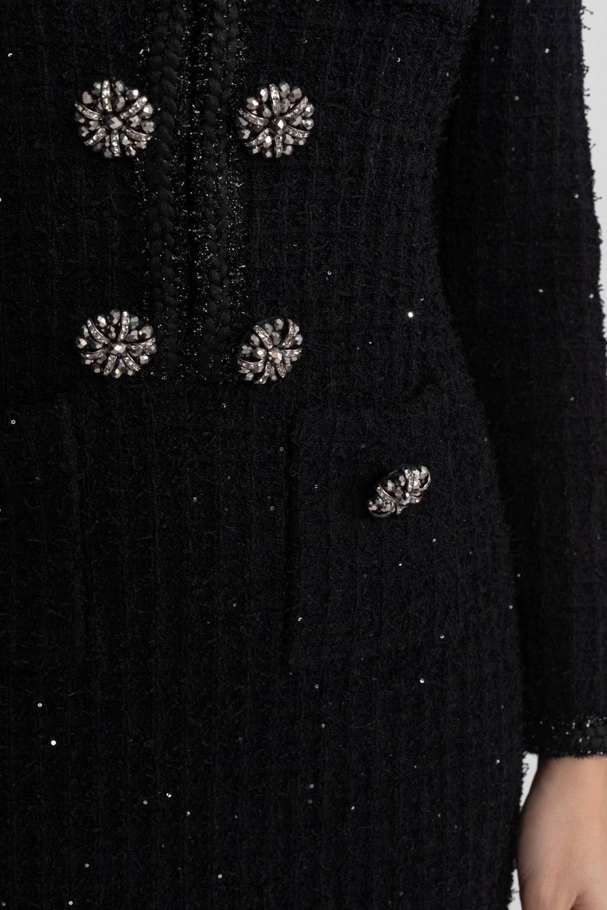 Sequin Tweed Long Sleeve Rhinestone Flower Sheath Midi Dress - View 8