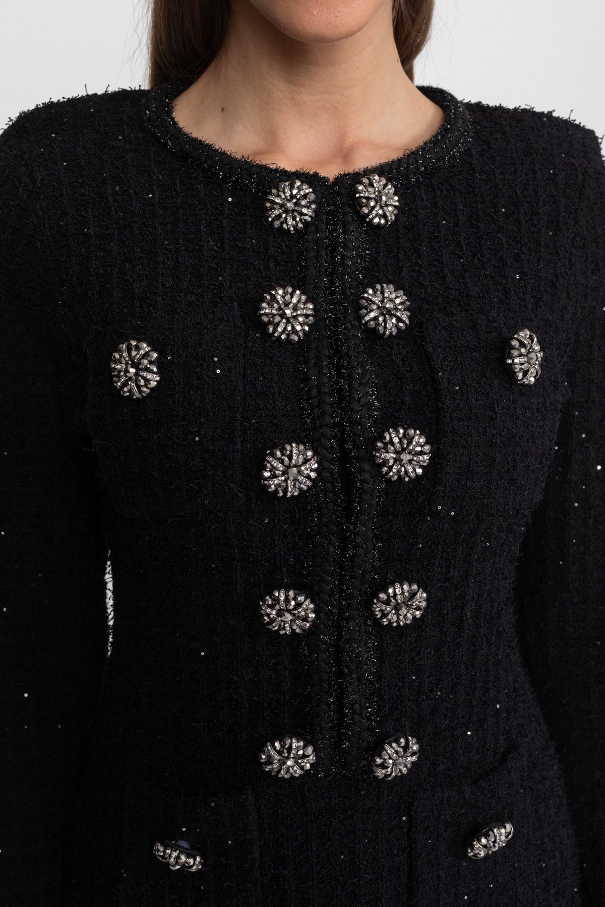 Sequin Tweed Long Sleeve Rhinestone Flower Sheath Midi Dress - View 7