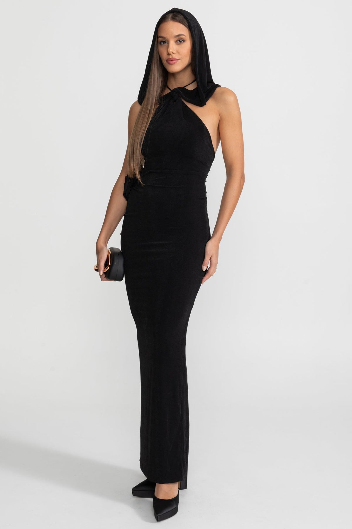 Velvet Halter Neck Hooded Side Rosette Bodycon Maxi Dress - View 2