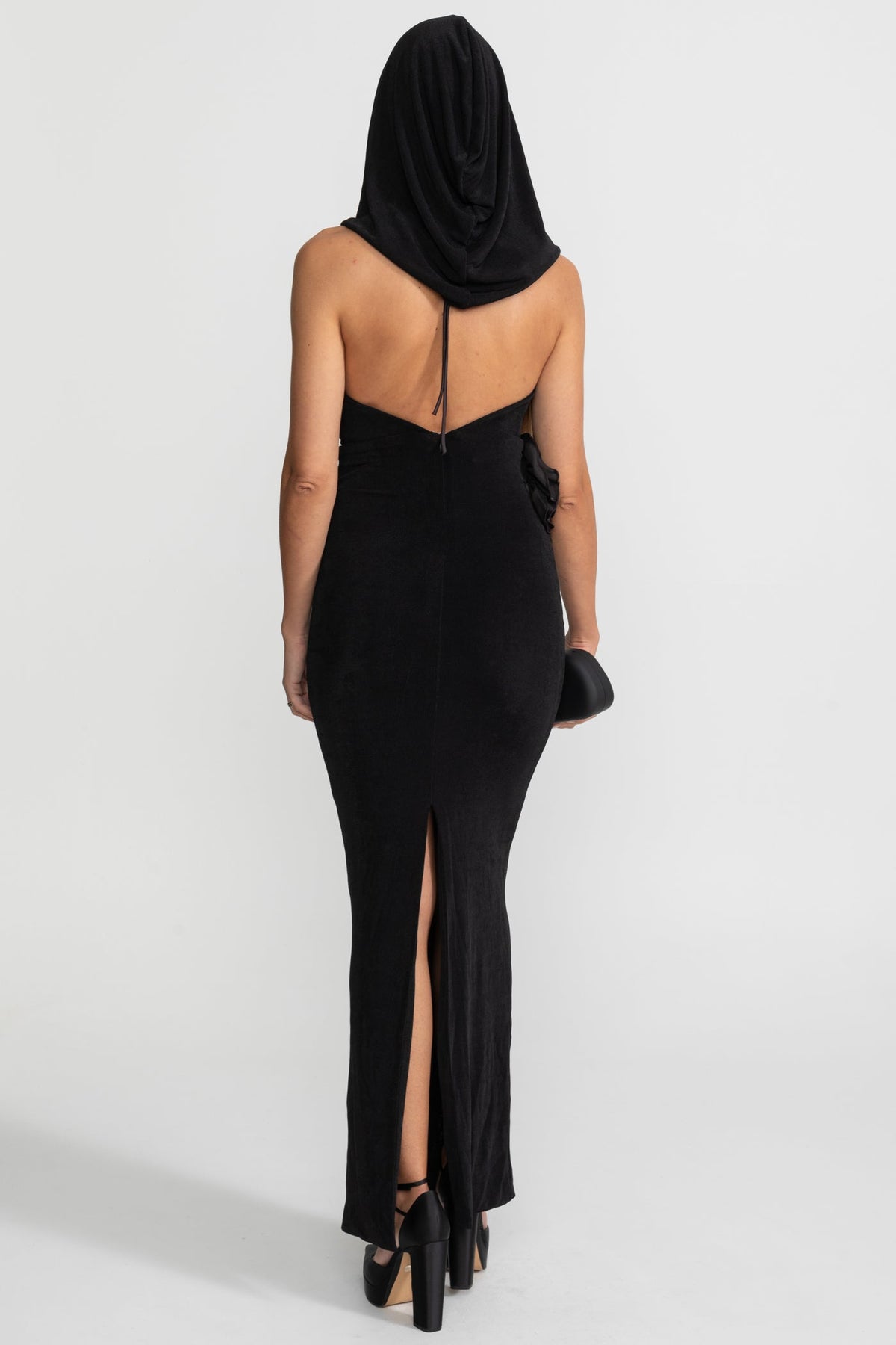 Velvet Halter Neck Hooded Side Rosette Bodycon Maxi Dress - View 9