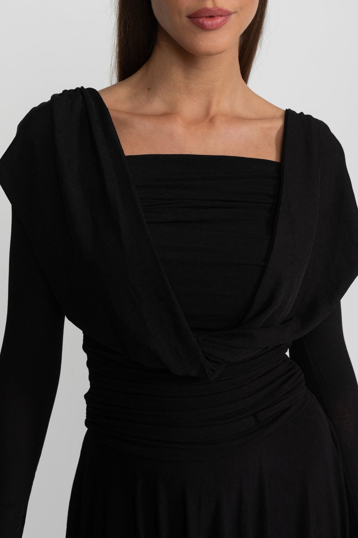 Draped Long-Sleeve Asymmetric Midi Dress – Black - View 5