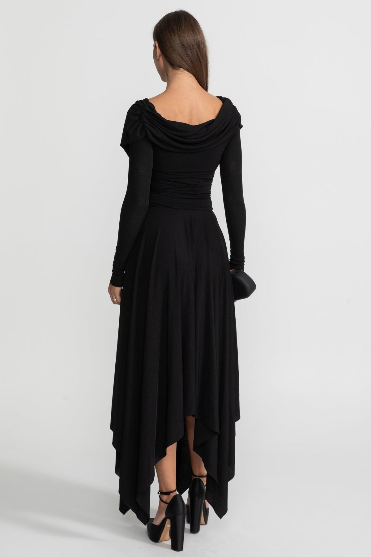 Draped Long-Sleeve Asymmetric Midi Dress – Black - View 7