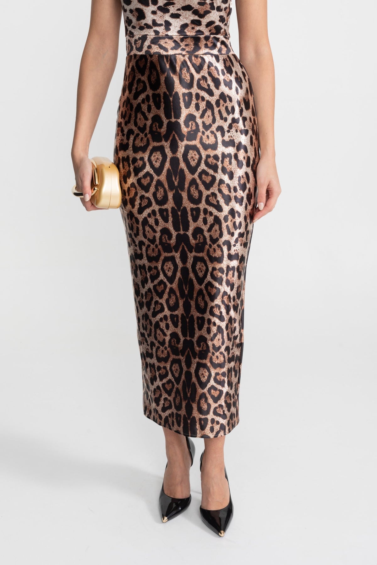 Satin Midi Dress with Leopard Print – Brown - View 4