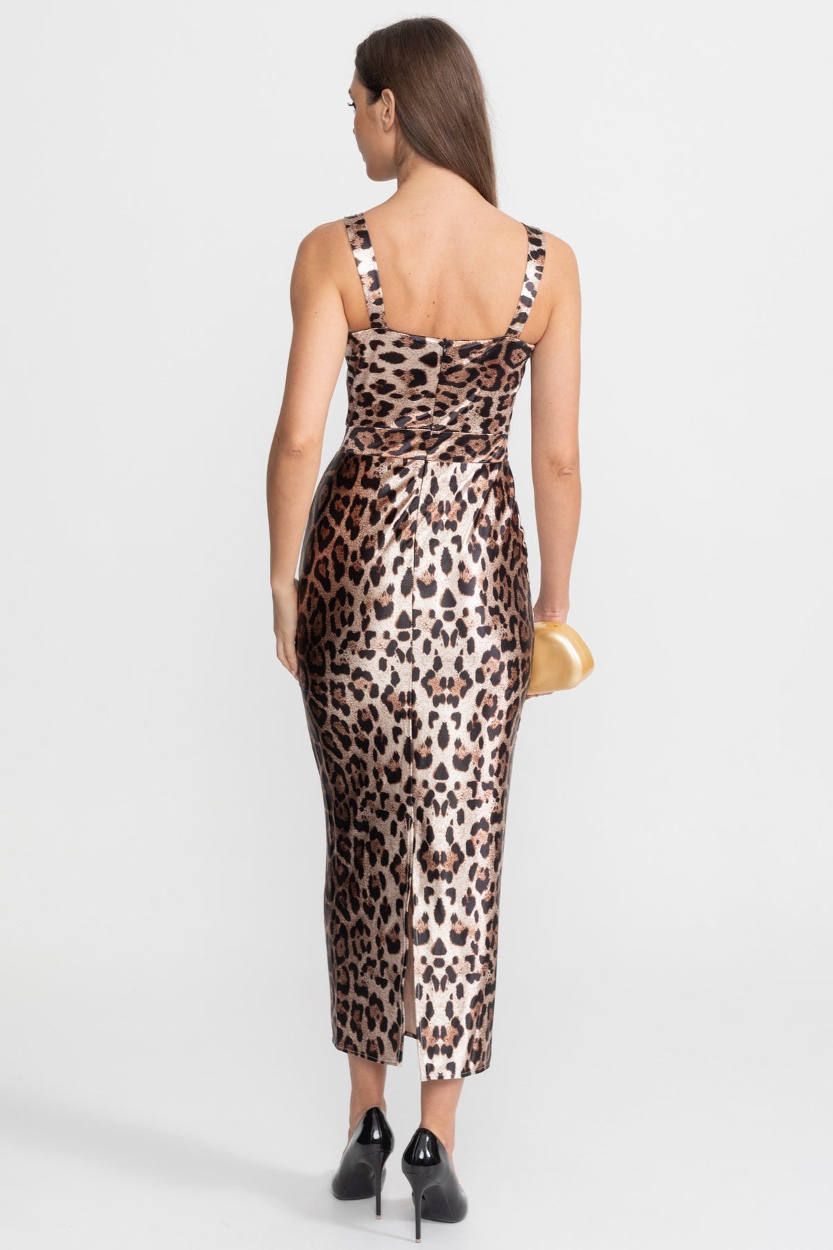 Satin Midi Dress with Leopard Print – Brown - View 5