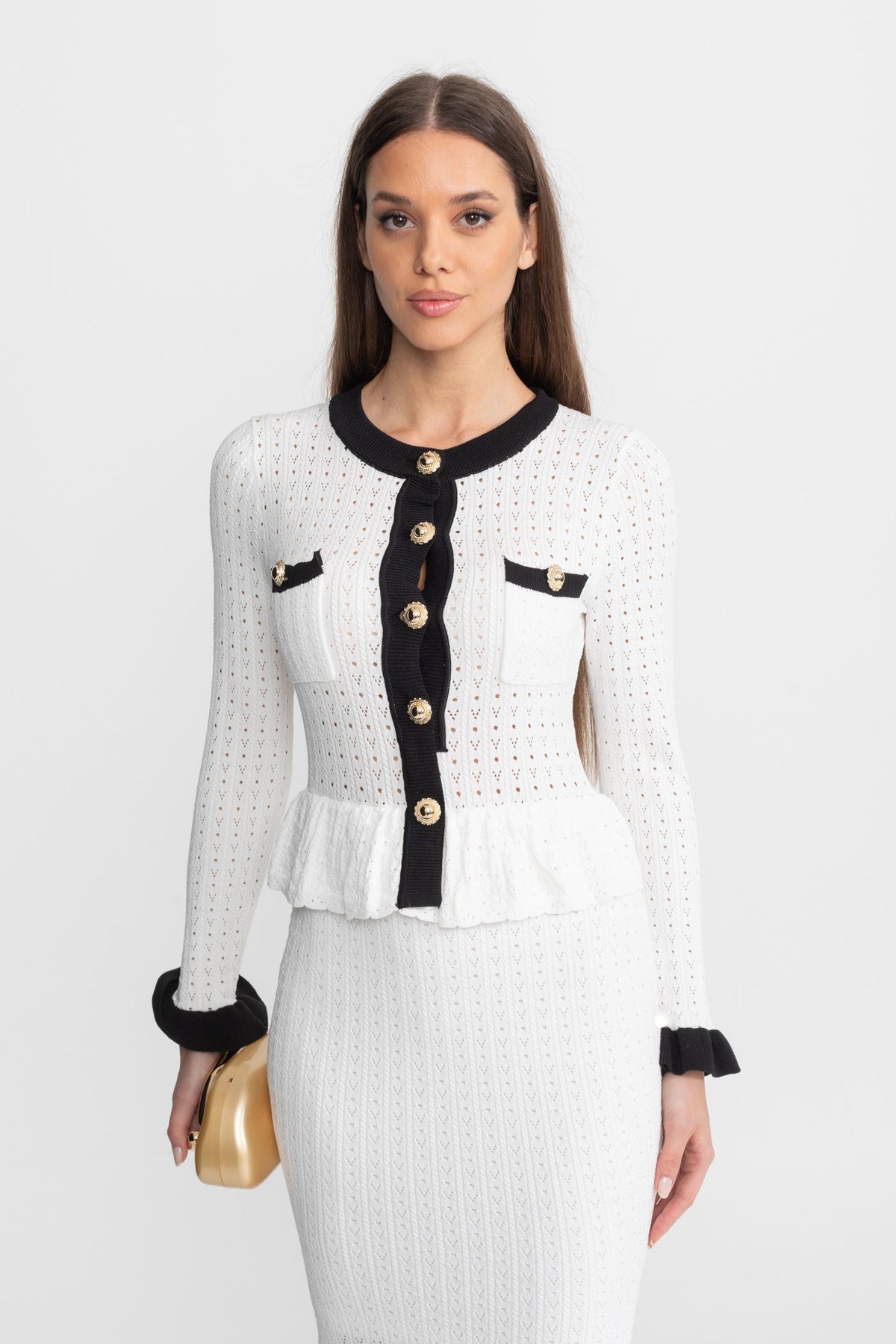 Pointelle Knit Midi Co-Ord with Contrast Trim – White - View 6