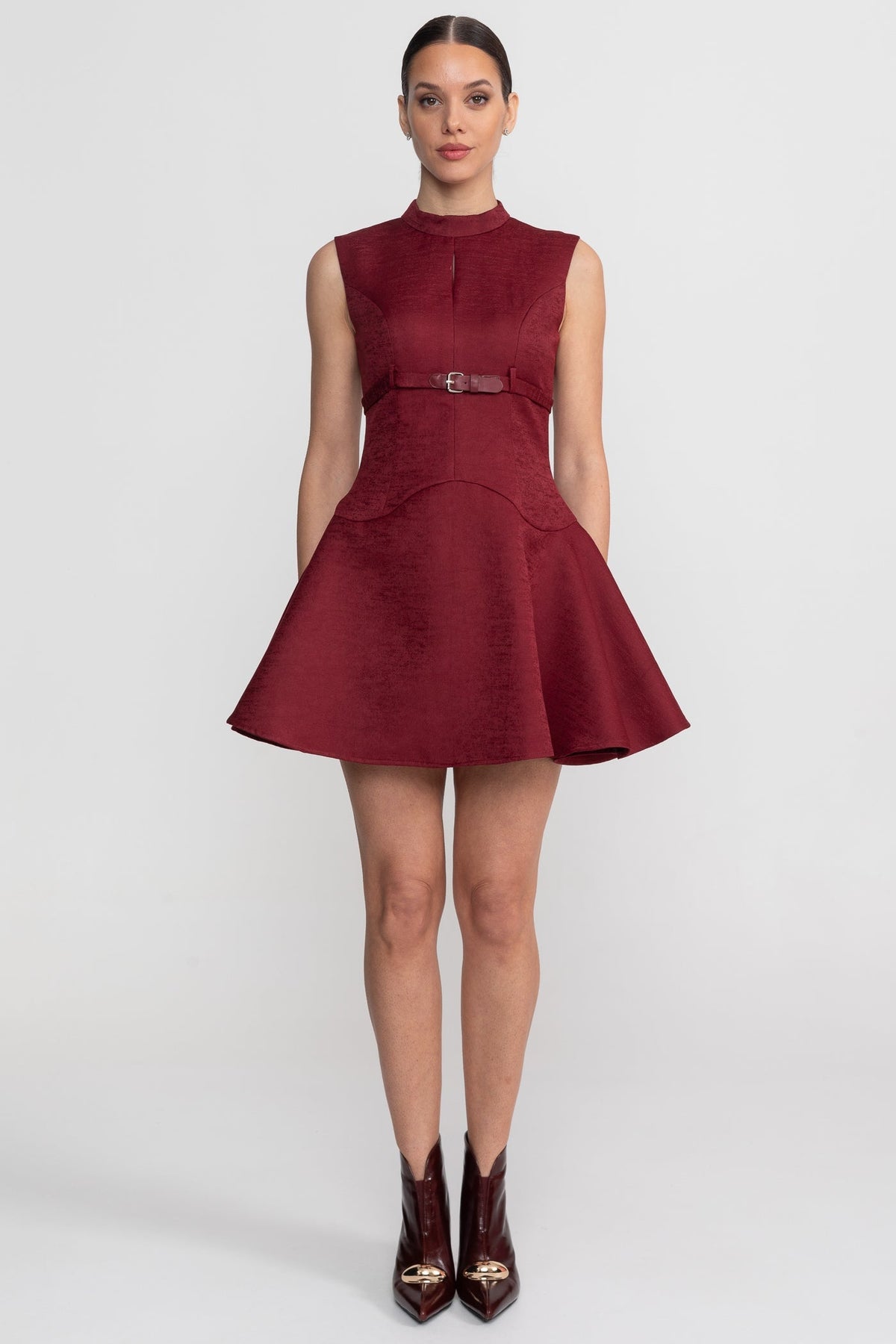 Structured Sleeveless Mock Neck Keyhole Belted A-Line Mini Dress - View 4