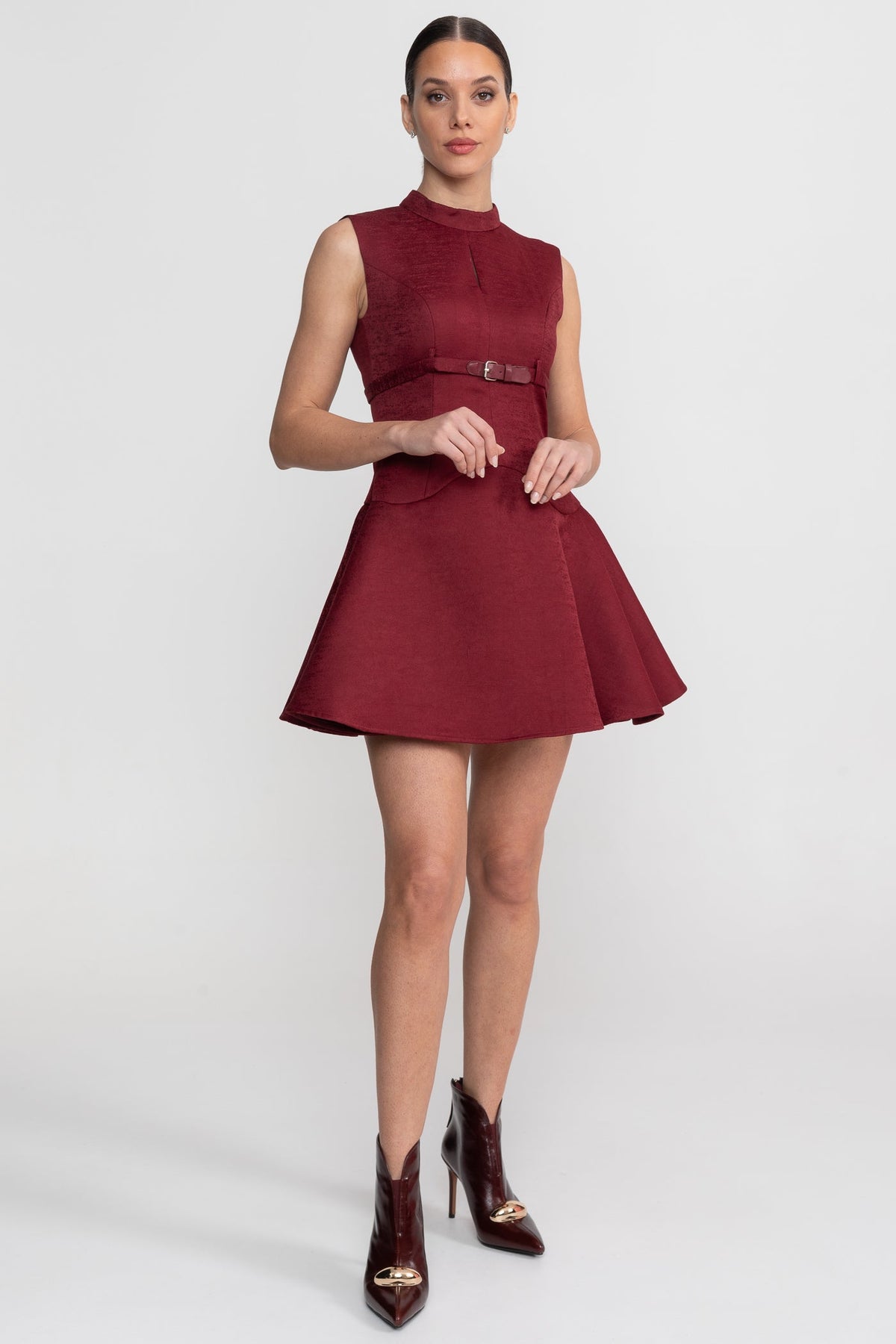 Structured Sleeveless Mock Neck Keyhole Belted A-Line Mini Dress - View 5