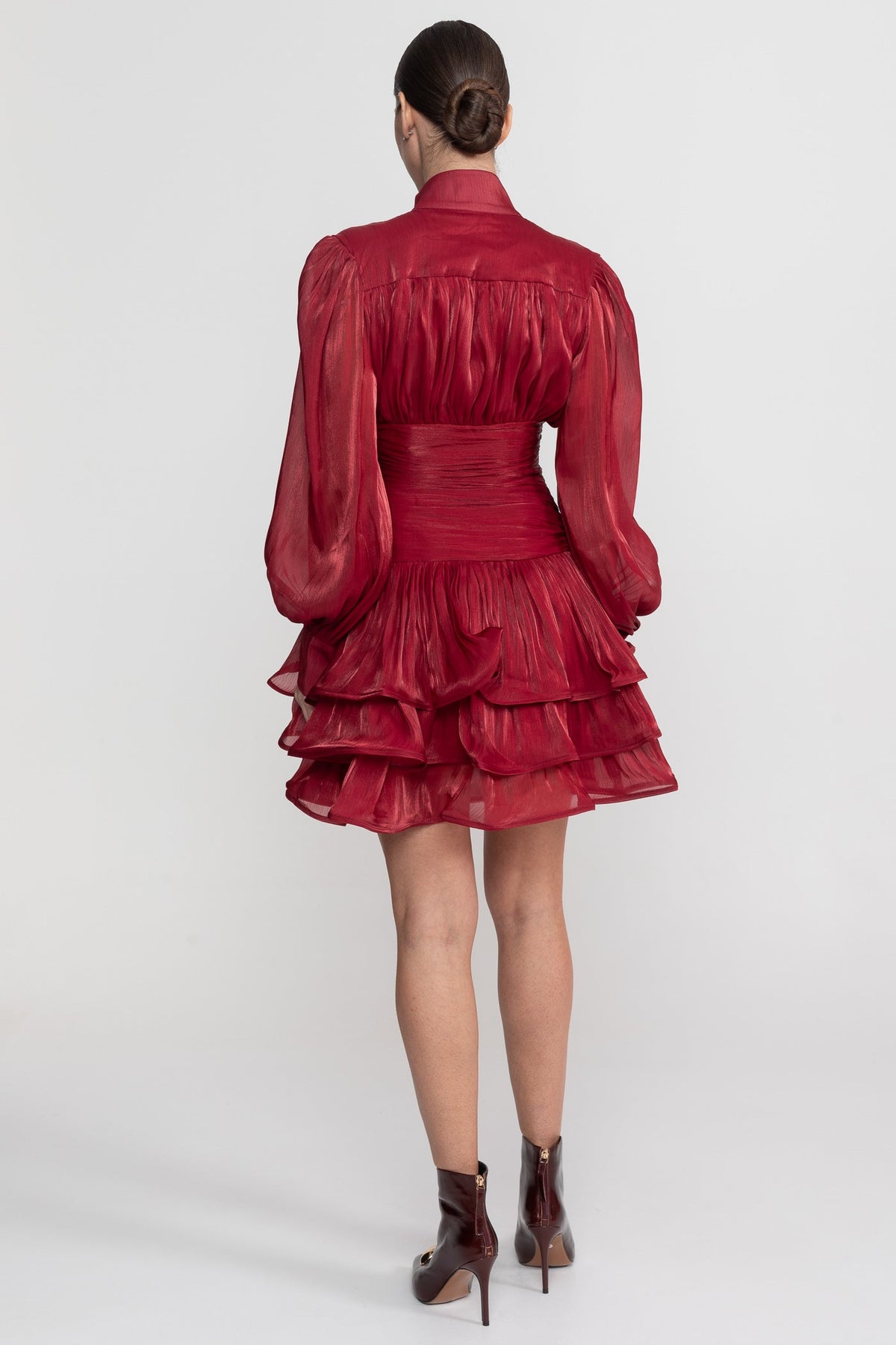Draped Long Sleeve Mini Dress With Tiered Ruffle Skirt - Red - View 7