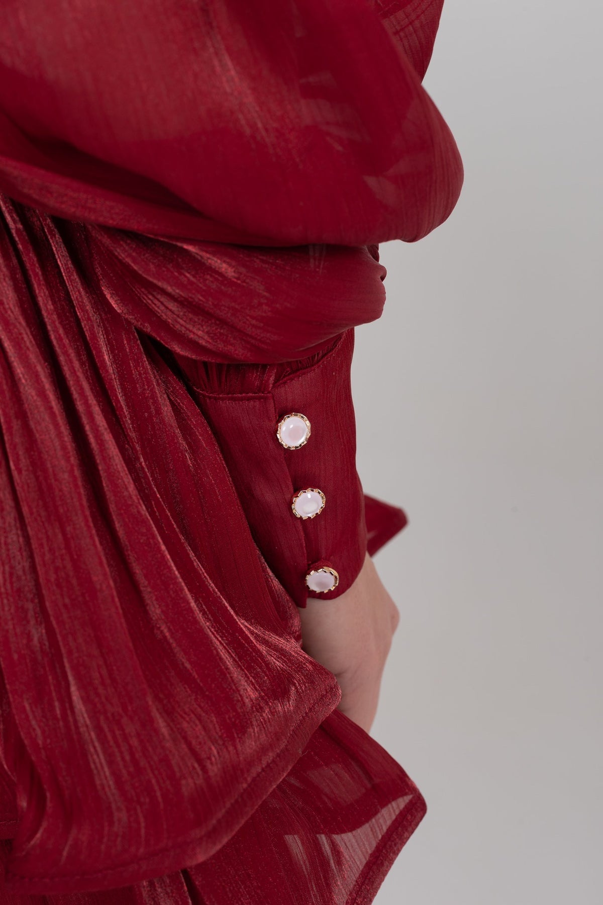 Draped Long Sleeve Mini Dress With Tiered Ruffle Skirt - Red - View 8