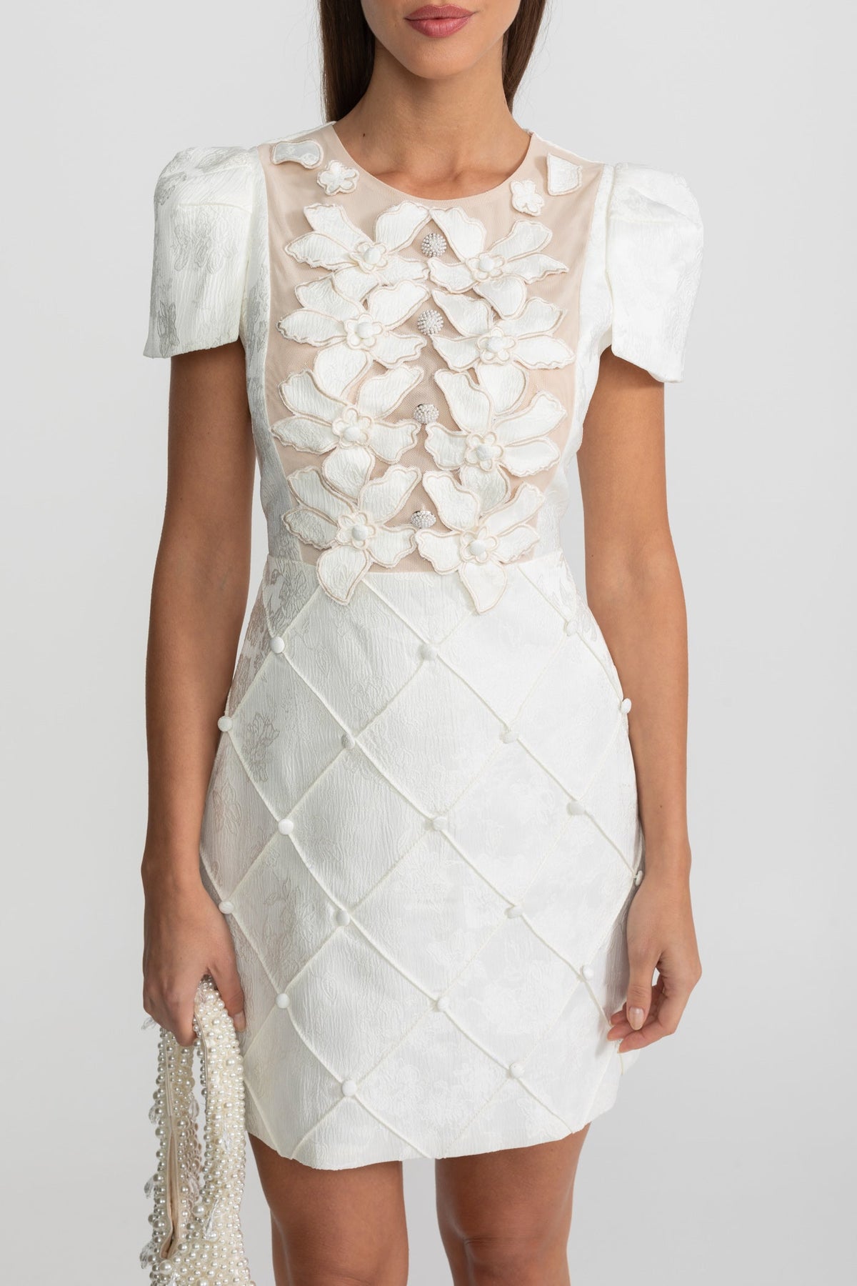 3D Floral Appliqué Mini Dress With Quilted Skirt – White - View 4