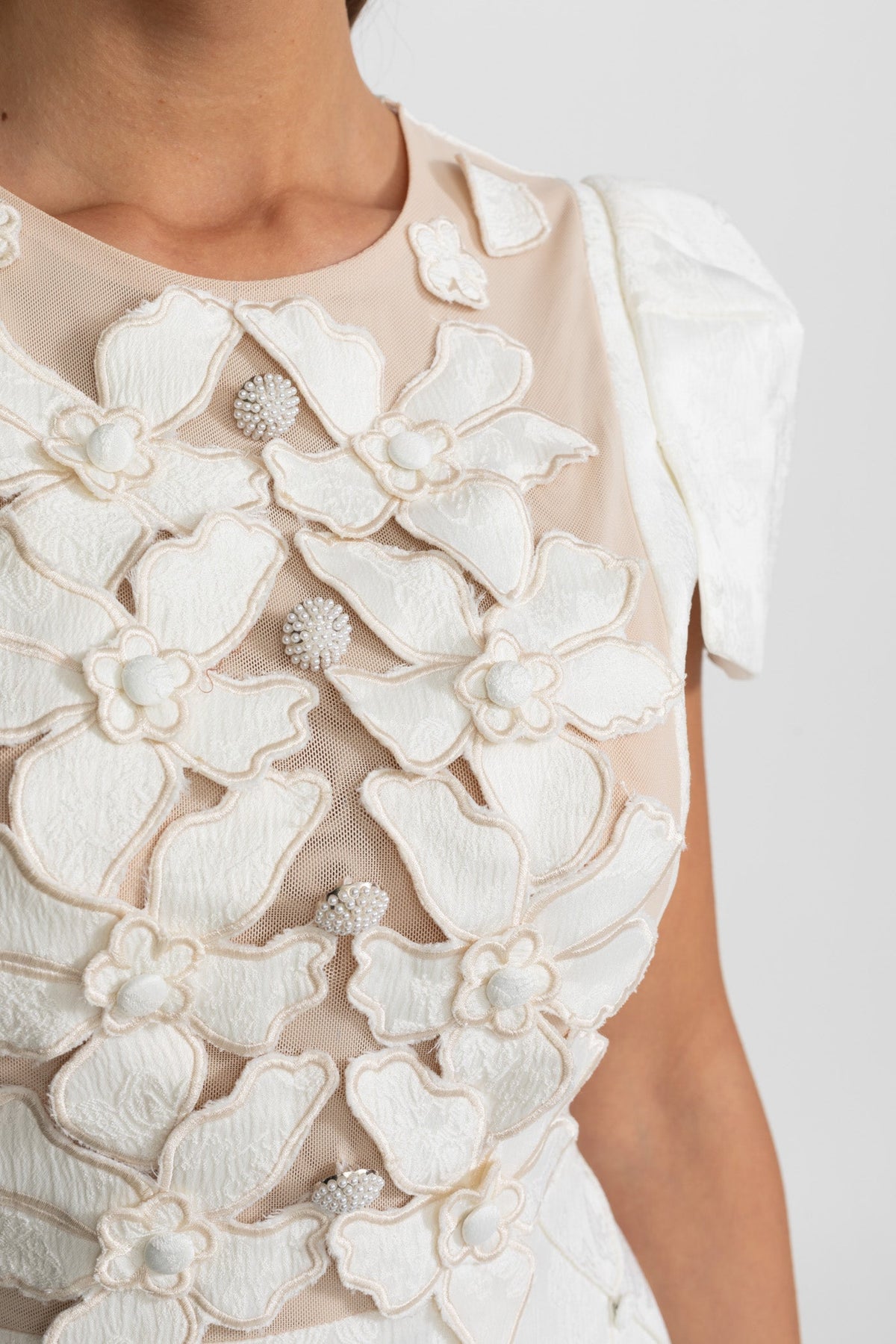 3D Floral Appliqué Mini Dress With Quilted Skirt – White - View 5