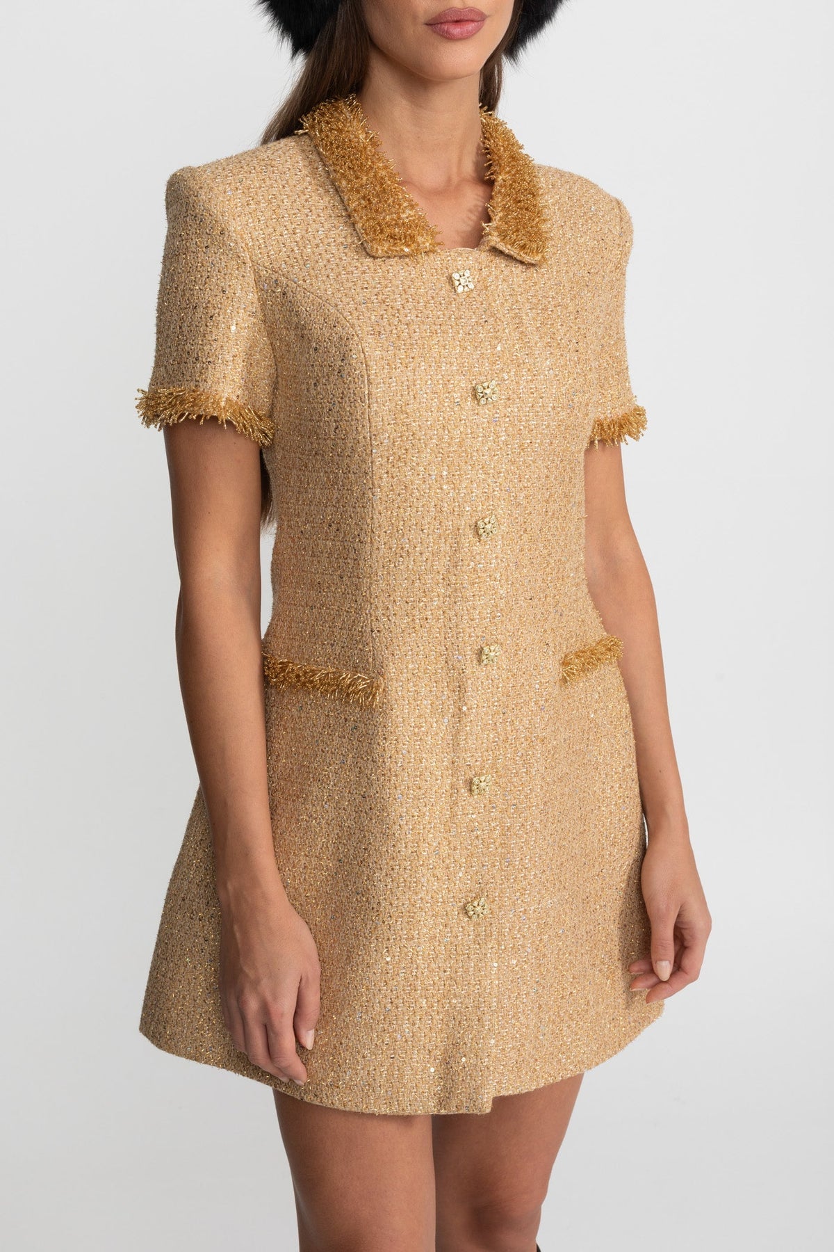 Tweed Short Sleeve Point Collar Metallic Fringe Trim Button Mini Dress - View 4