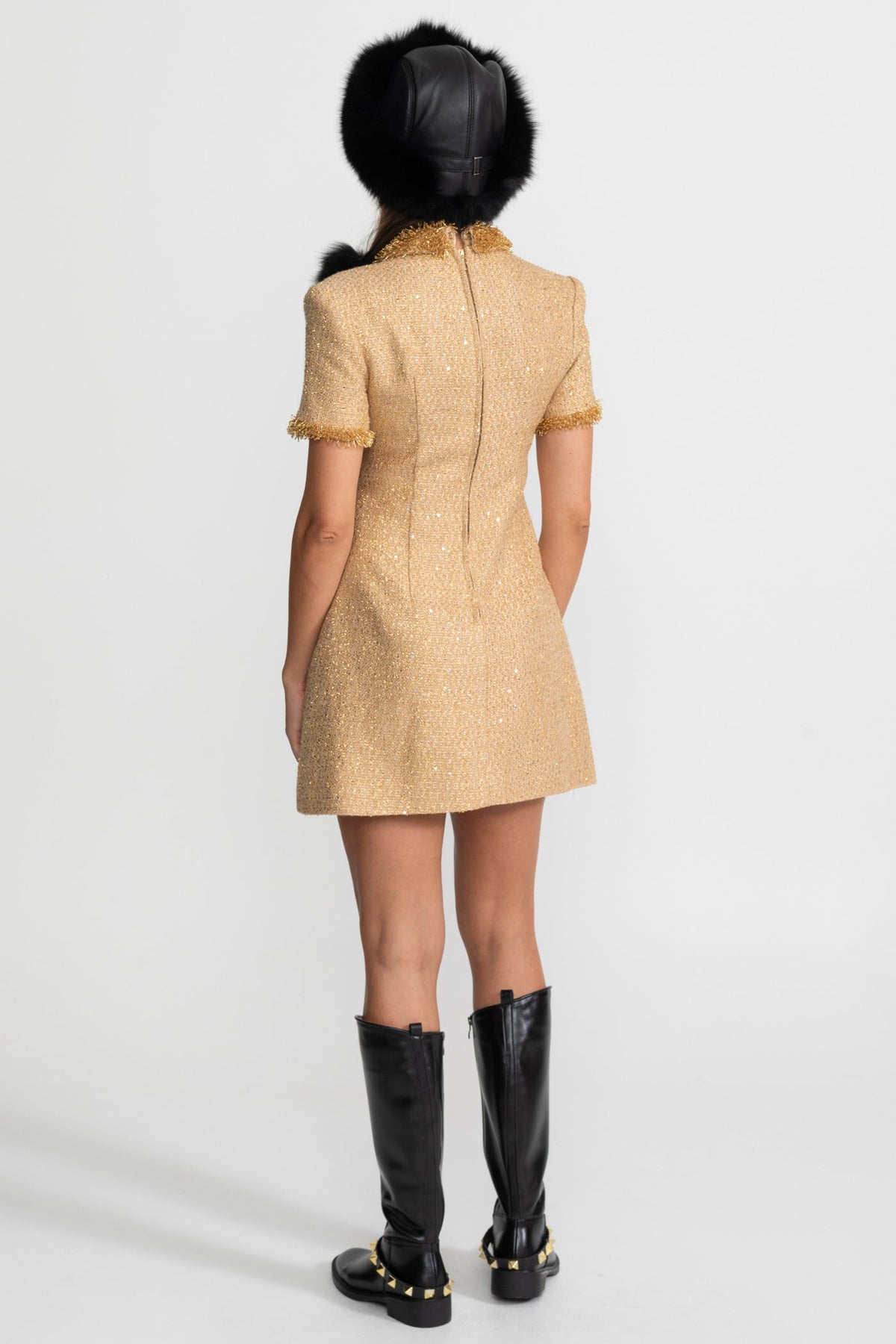 Tweed Short Sleeve Point Collar Metallic Fringe Trim Button Mini Dress - View 6