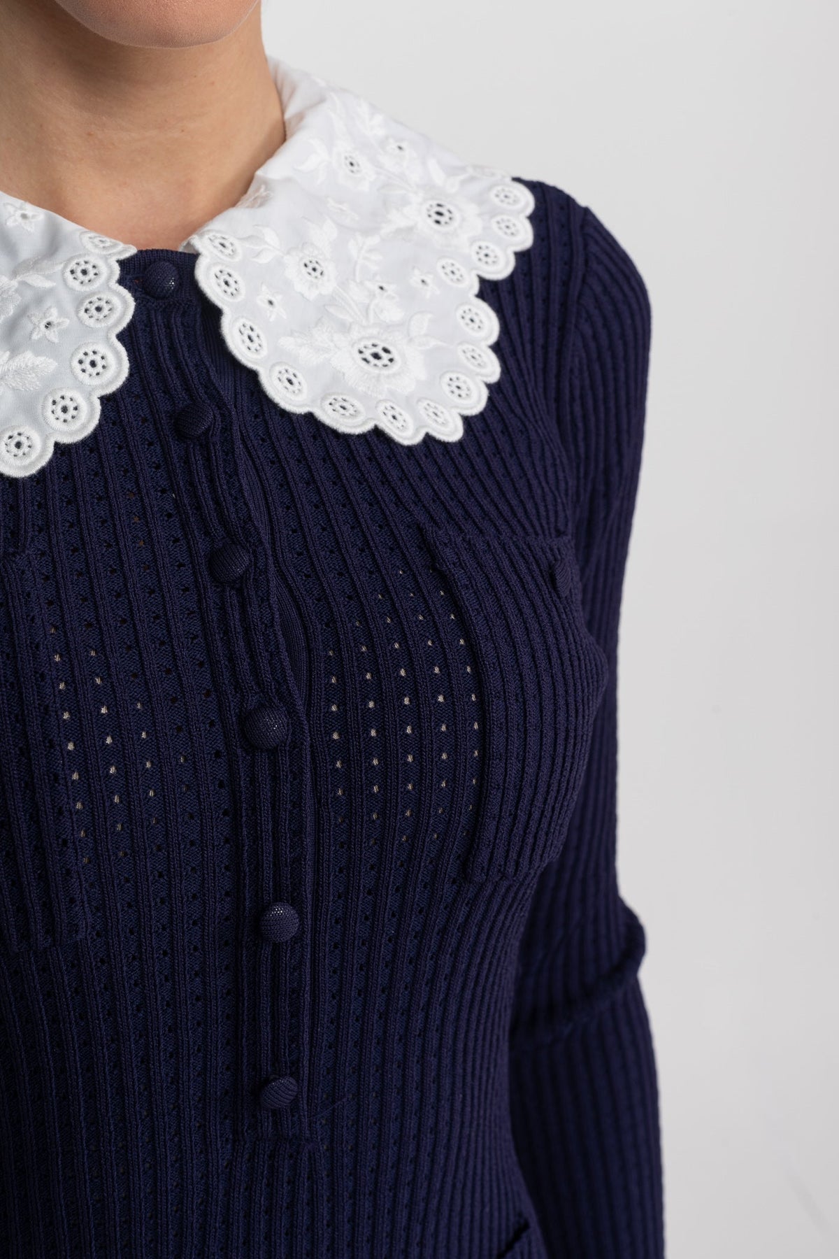 Knit Long Sleeve Mini Dress With Broderie Collar - Navy - View 5