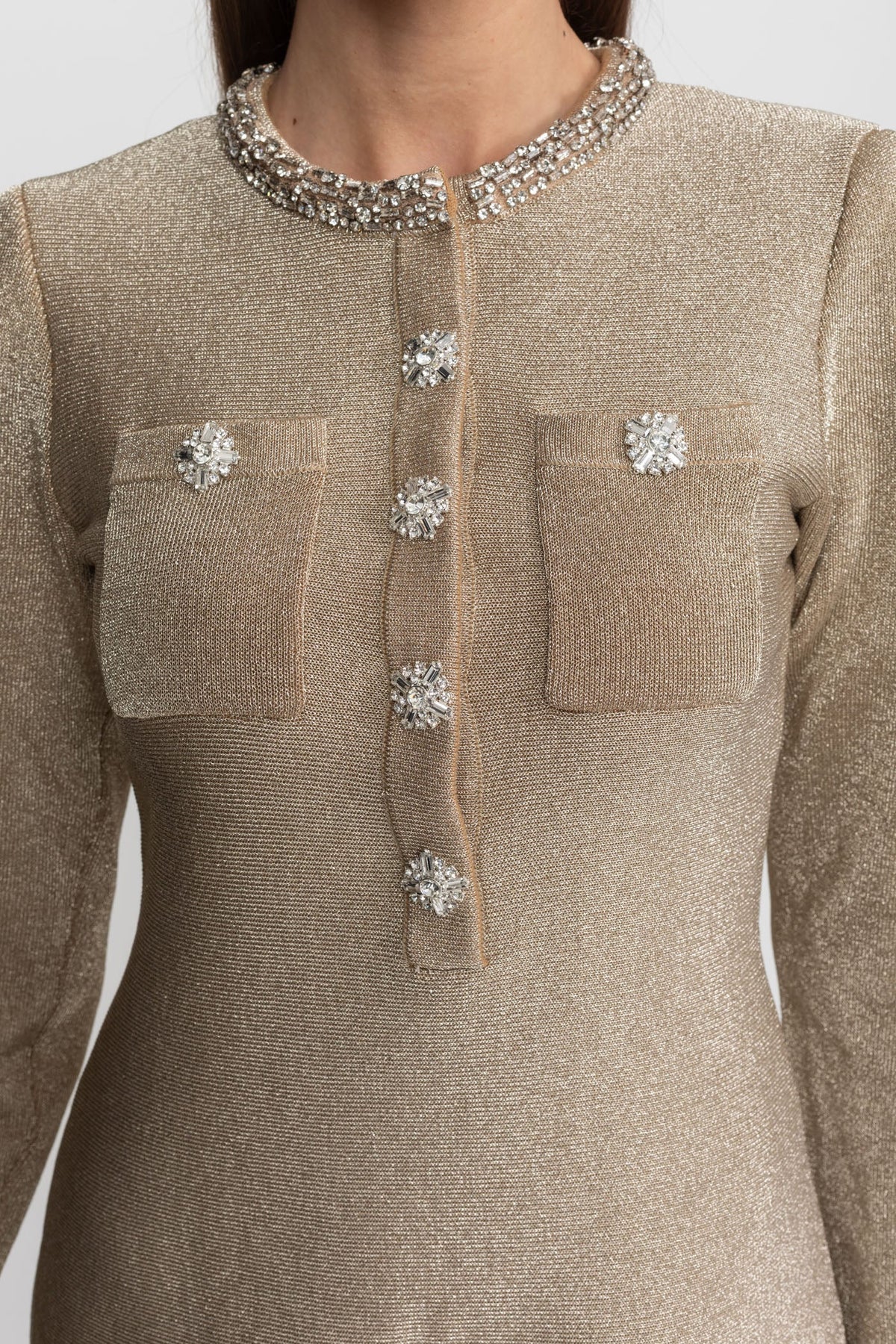 Metallic Knit Rhinestone Trim Crystal Button A-Line Mini Dress - View 4