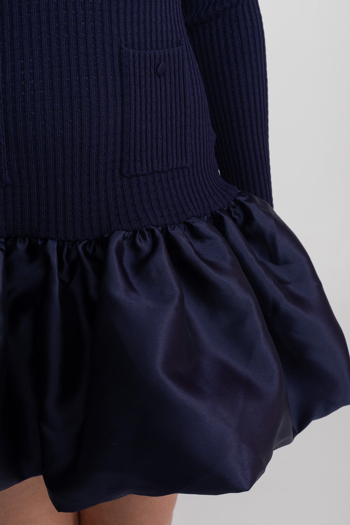 Knit Long Sleeve Mini Dress With Broderie Collar - Navy - View 6