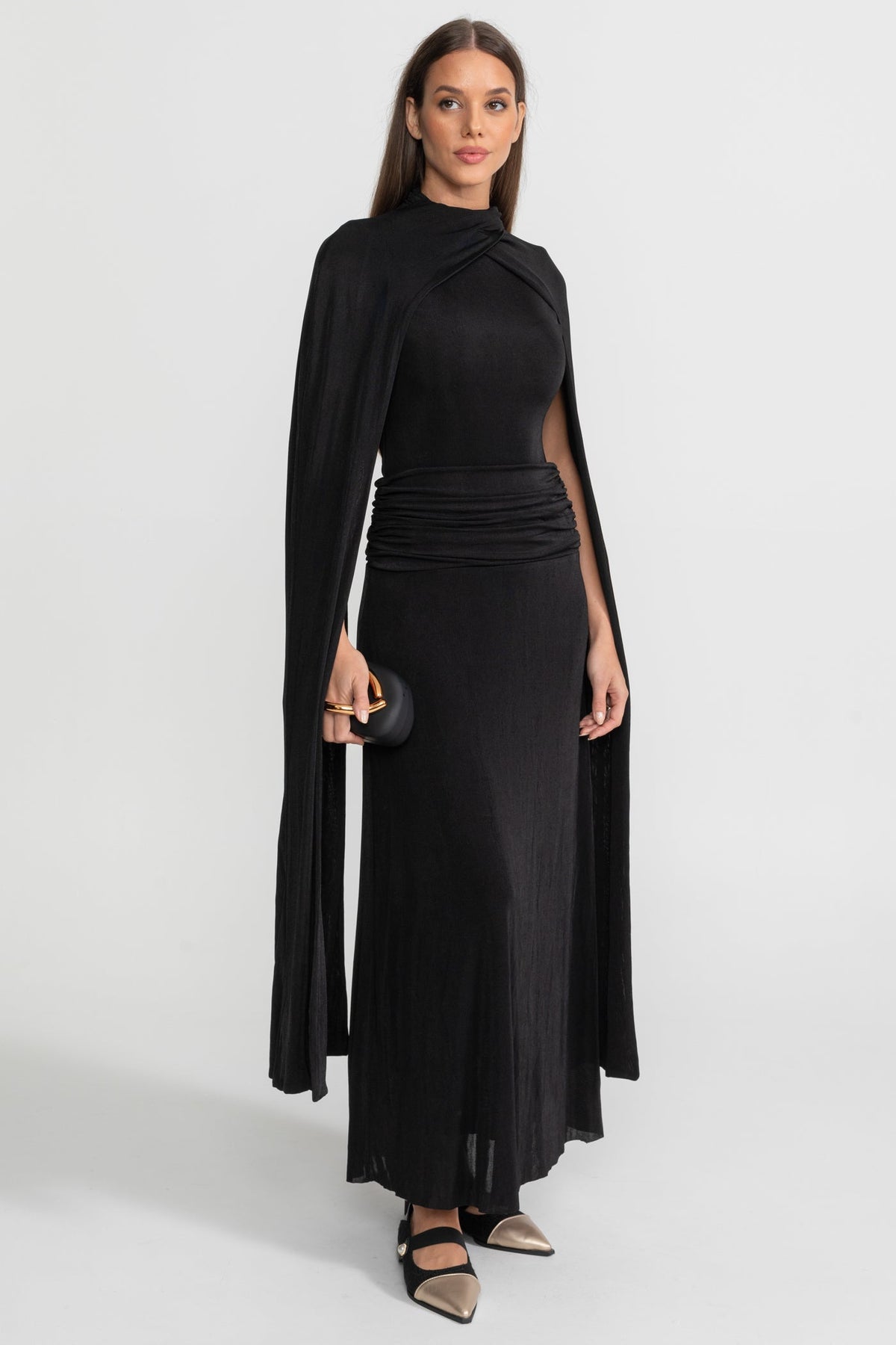 Draped Cape Maxi Dress With Ruched Waist – Black - View 2