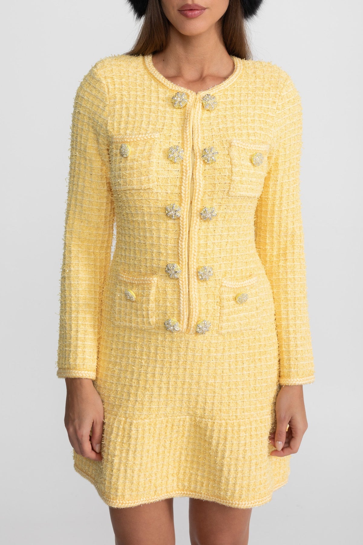 Long Sleeve Crystal Button Four Pocket Tweed Texture Mini Dress - View 4