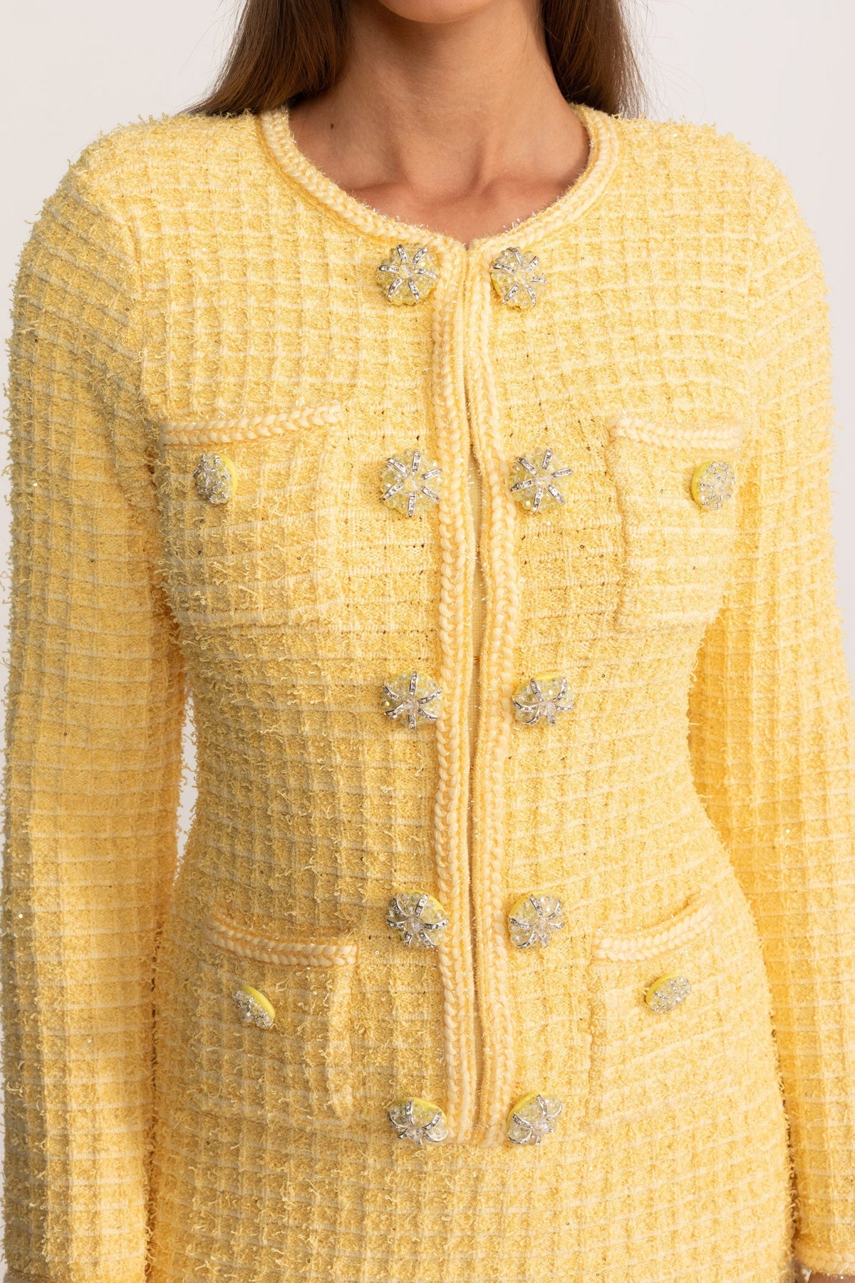 Long Sleeve Crystal Button Four Pocket Tweed Texture Mini Dress - View 6