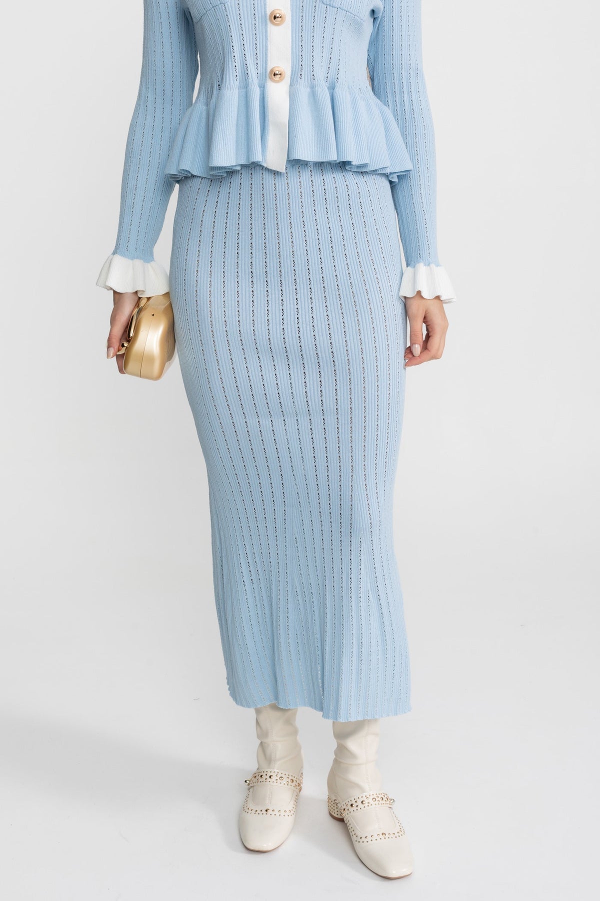 Pointelle Knit Midi Co-Ord with Contrast Trim – Baby Blue - View 9