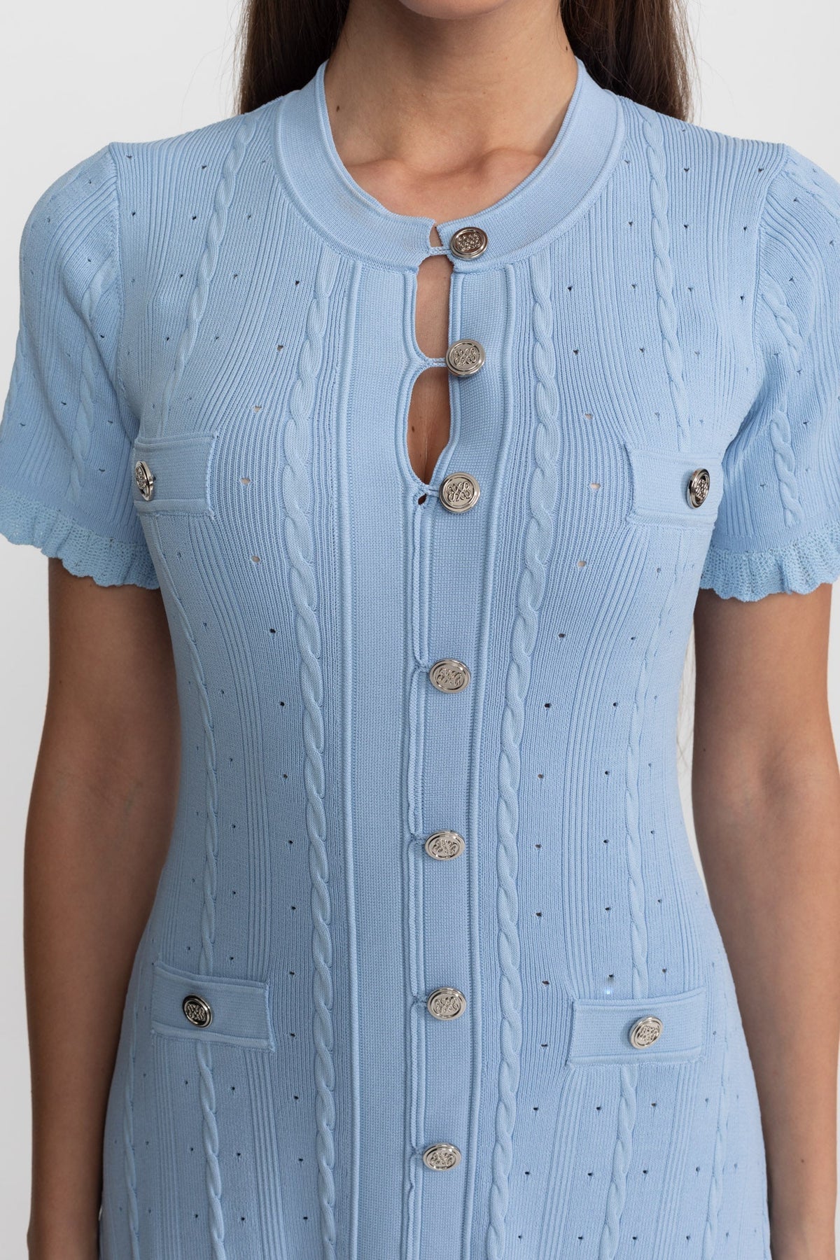 Knit Button-Front Midi Dress with Scalloped Sleeves – Baby Blue - View 7