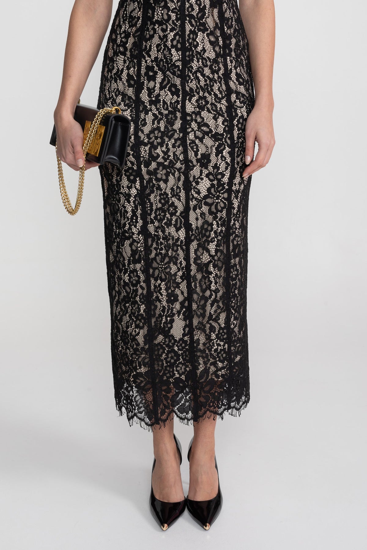 Lace Midi Dress With Sheer Corset Bodice - Black - View 6