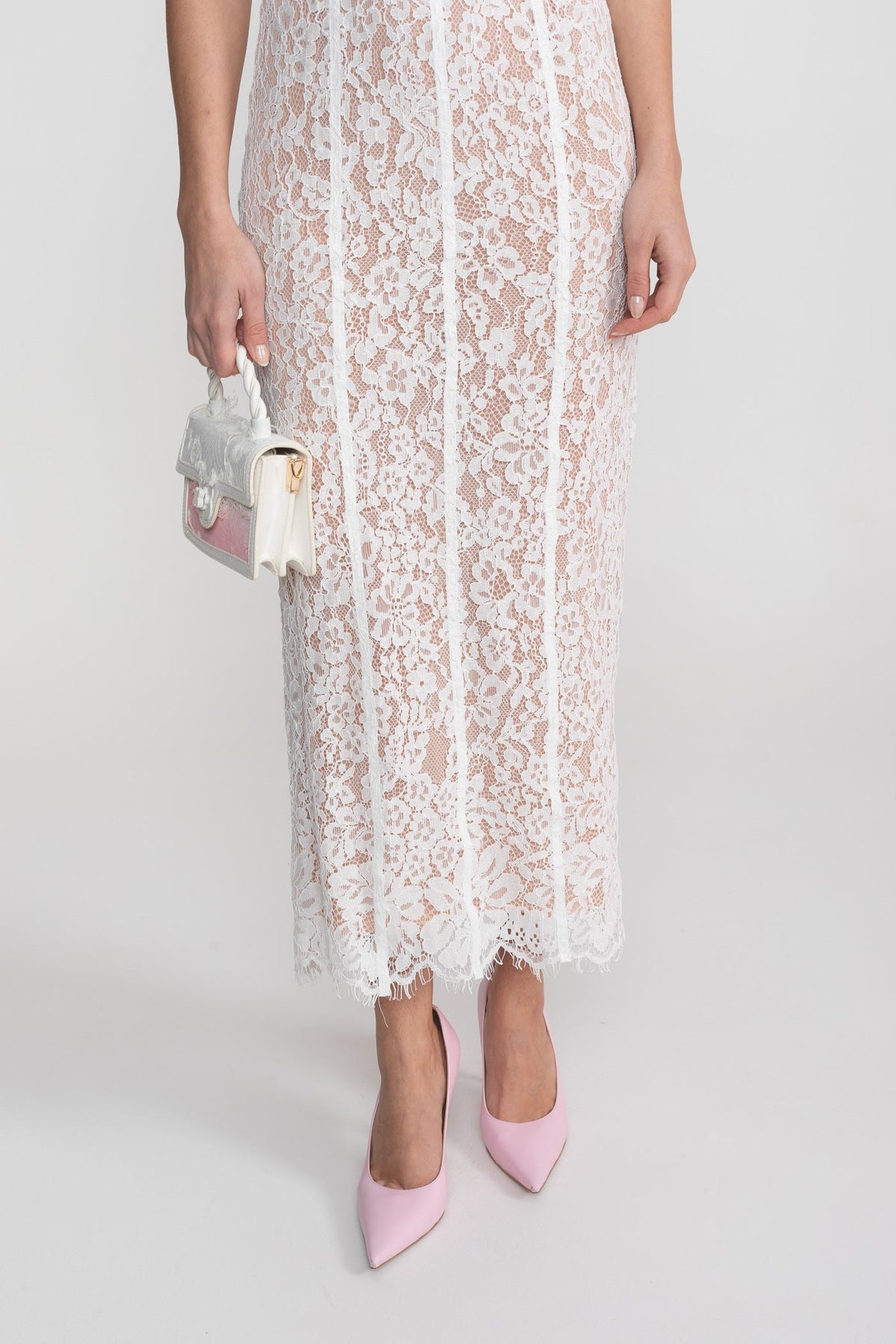 Lace Midi Dress With Sheer Corset Bodice - White - View 11