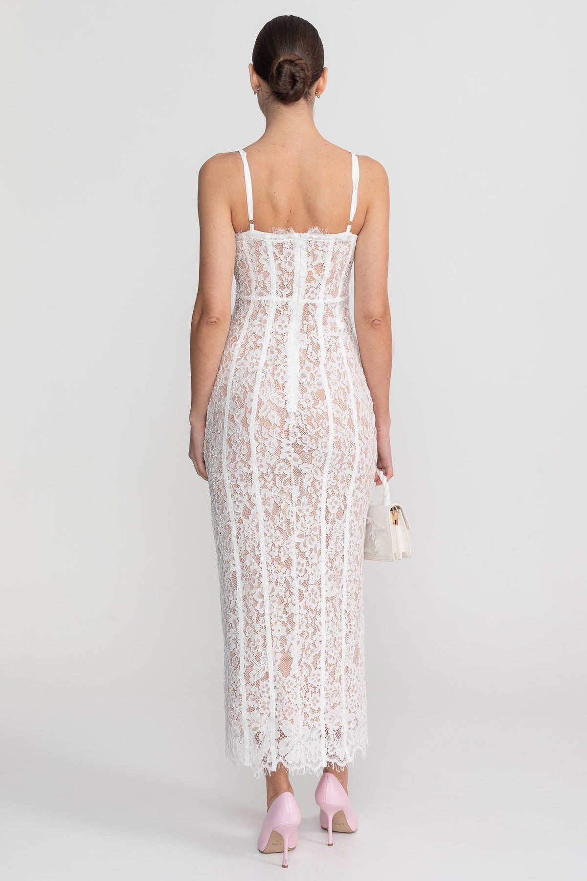 Lace Midi Dress With Sheer Corset Bodice - White - View 9
