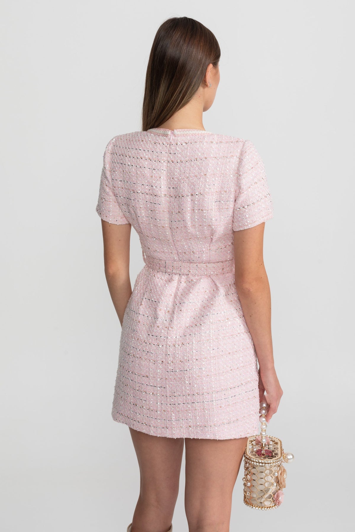 Tweed Square Neck Pearl Trim Button Belt Patch Pocket Mini Dress - View 6